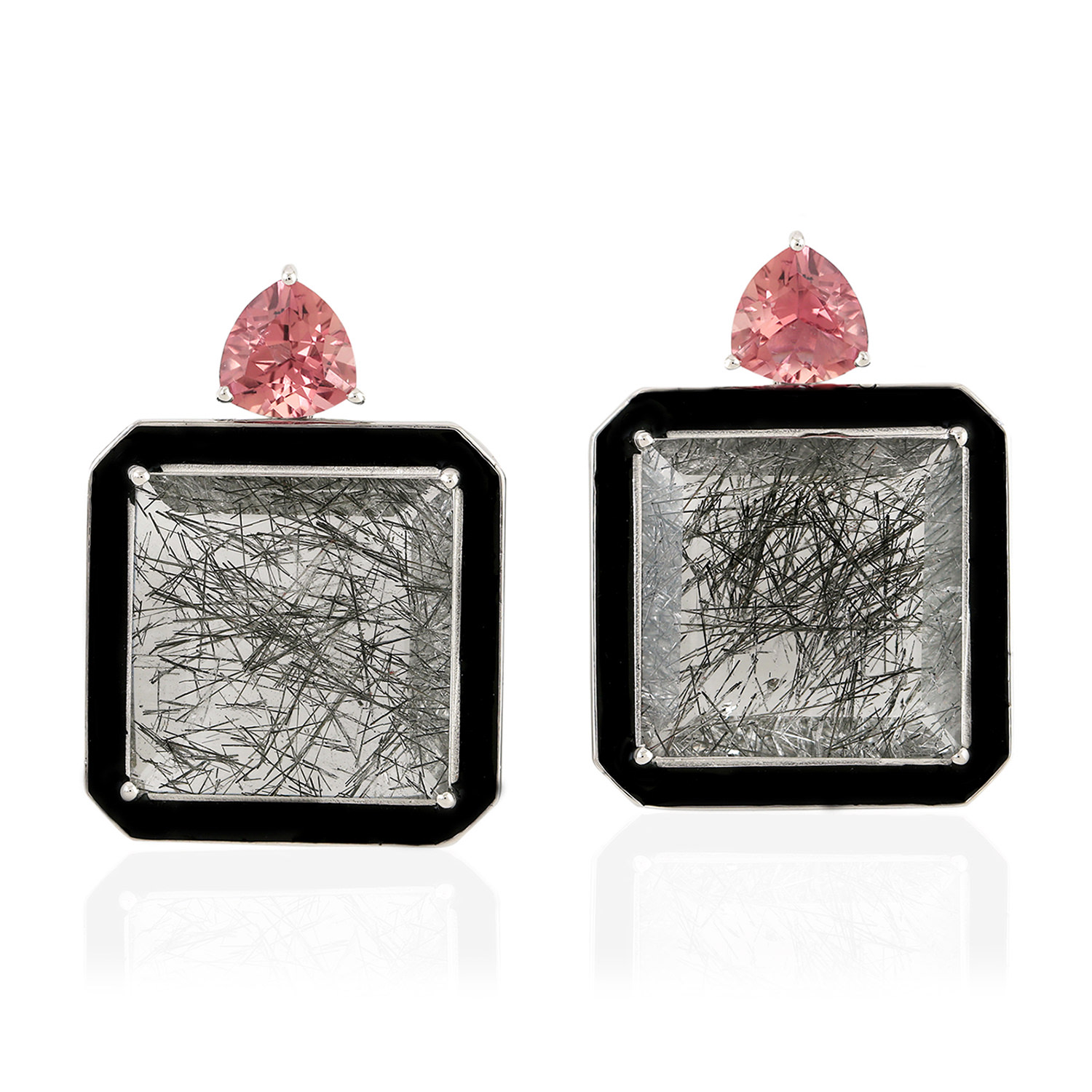 Women’s 14K White Gold In Square Cut Quartz Rutile & Pink Tourmaline Gemstone Dangle Earrings Artisan