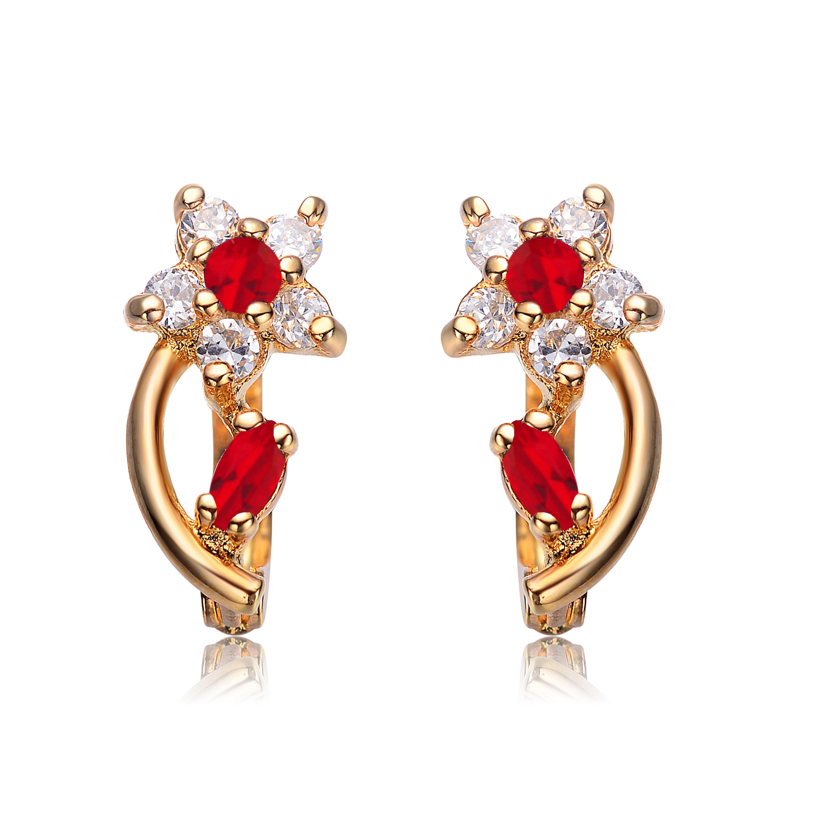 Women’s Red / Gold / White Sterling Silver Gold Plated Ruby Cubic Zirconia Flower Huggie Earrings Genevive Jewelry