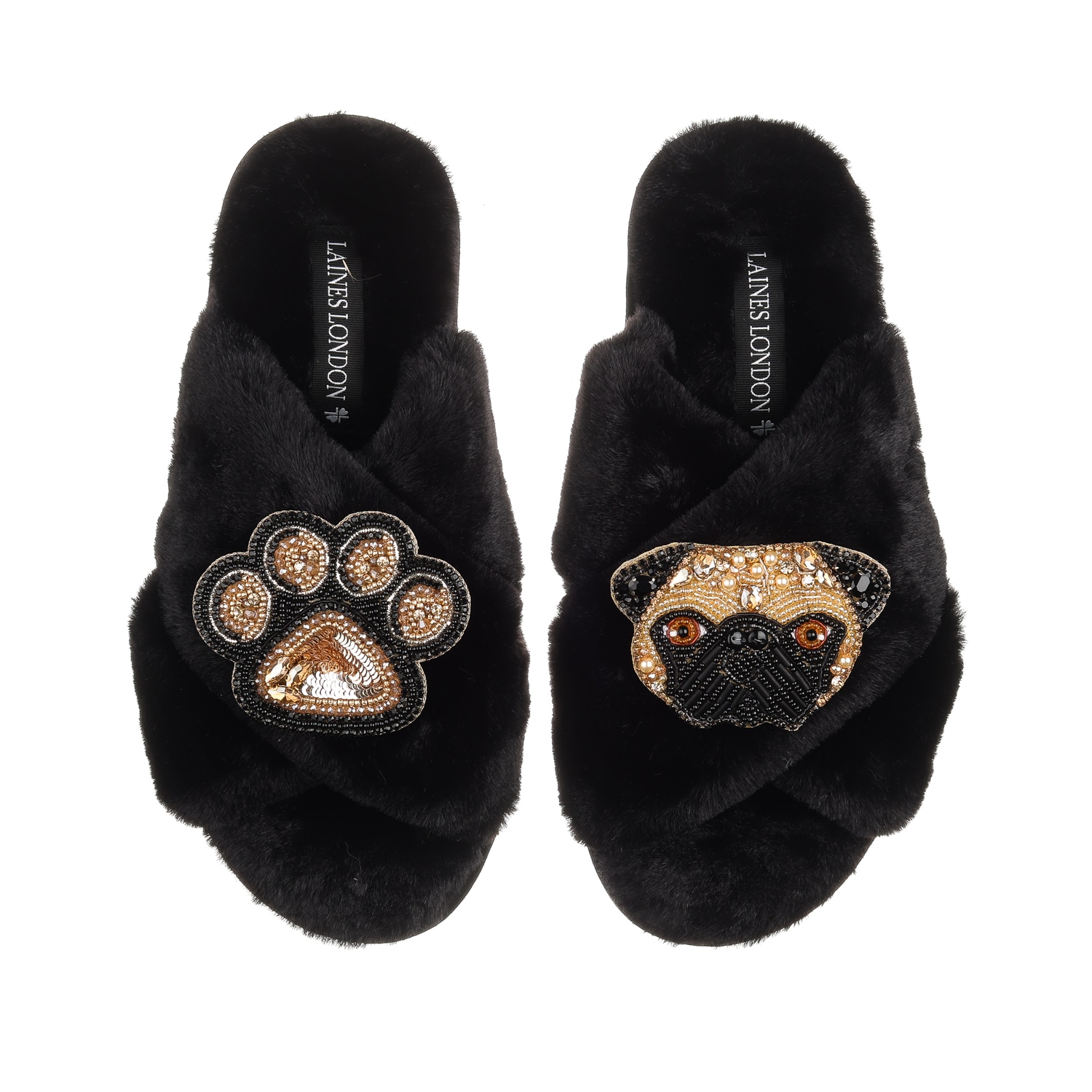 Women’s Classic Laines Slippers With Franki Pug & Paw Brooches - Black Medium Laines London