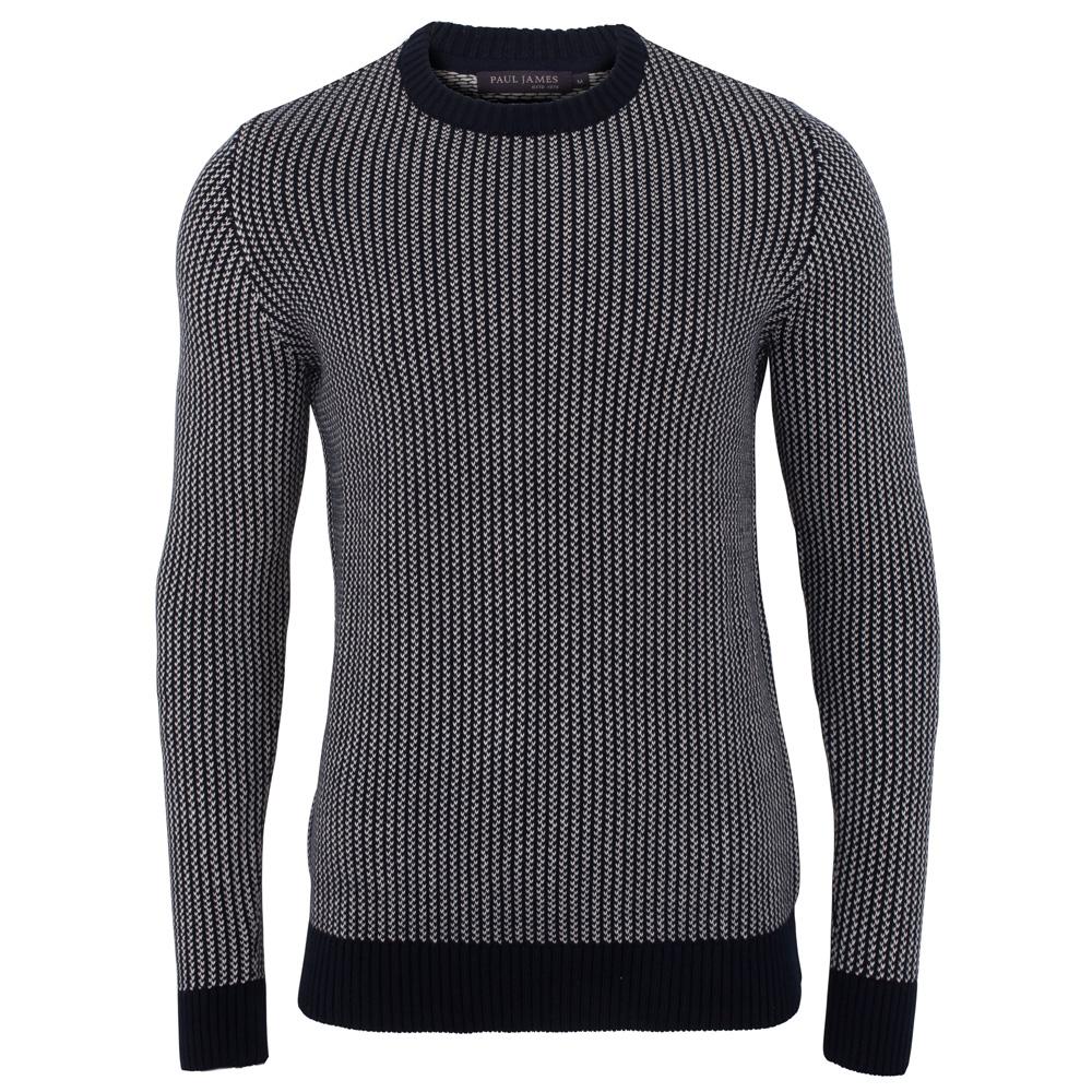 White / Blue Mens Cotton David Fisherman Tuck Stitch Jumper - Navy Small Paul James Knitwear