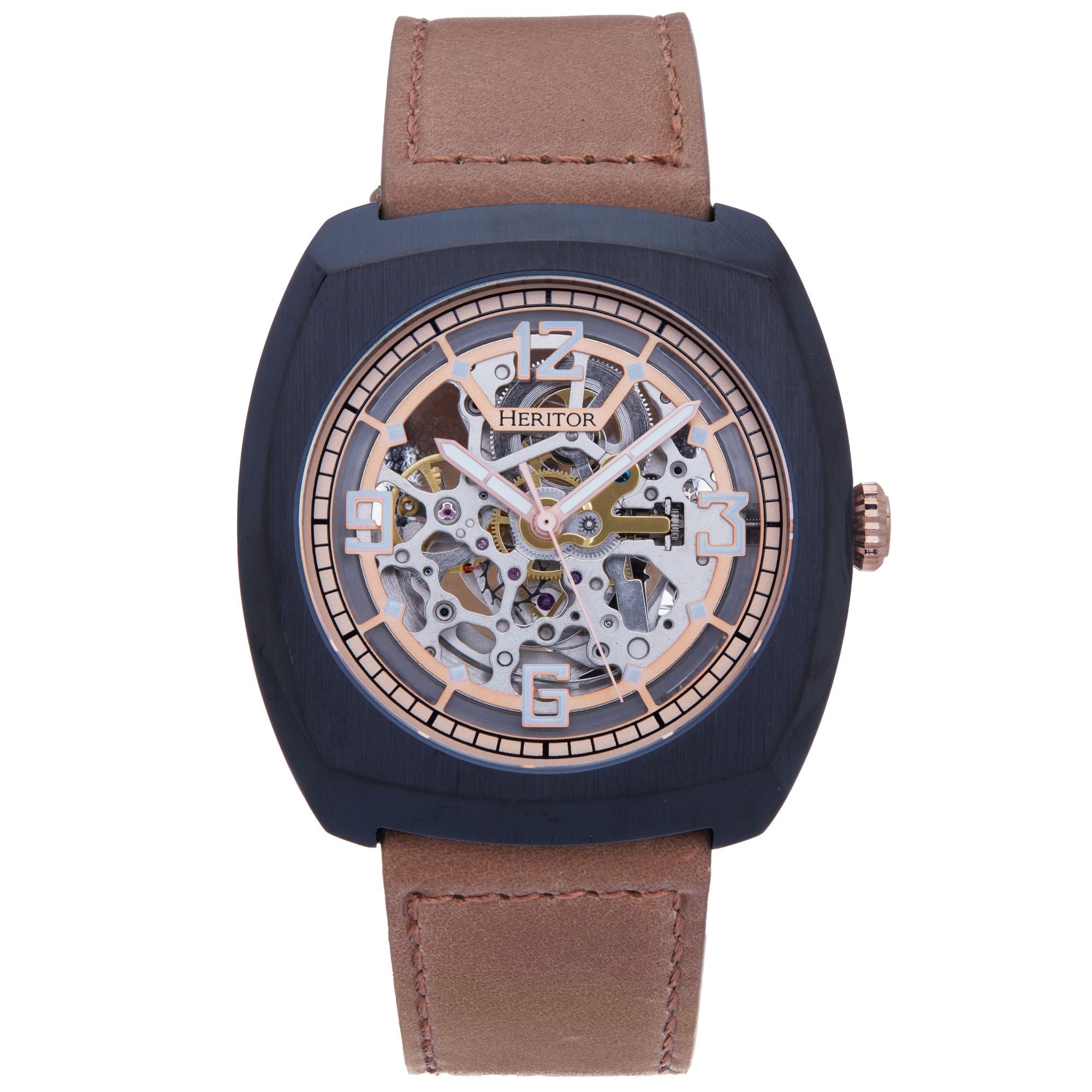 Men’s Black / Brown Gatling Leather-Band Skeleton Watch - Black, Brown One Size Heritor Automatic