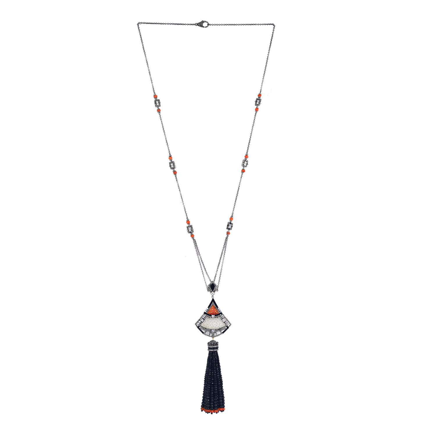 Women’s 18K White Gold Black Spinel Tassel Jade & Agate Beaded Opera Necklace 925 Silver Artisan