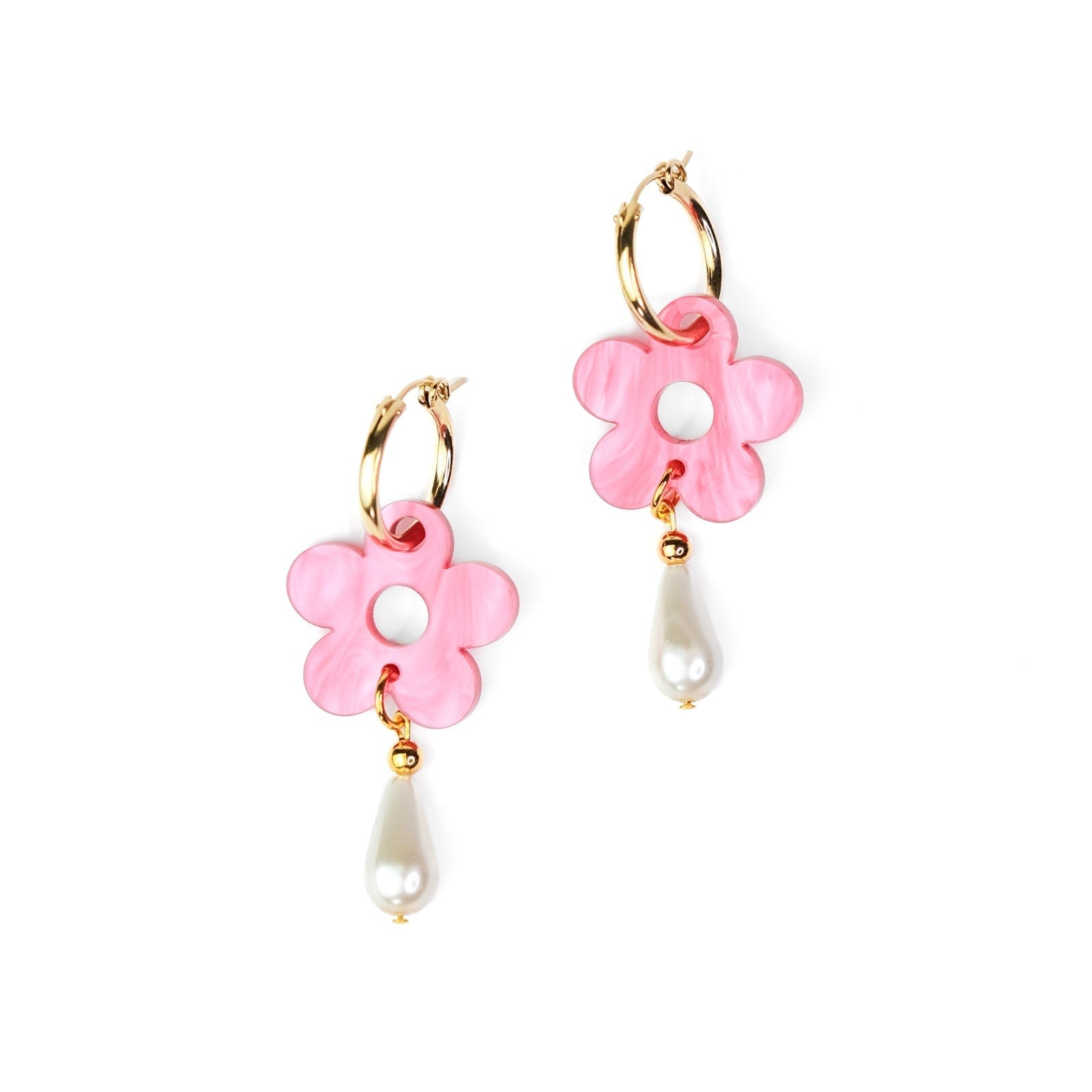 Women’s Gold / Pink / Purple Daisy Pearl Drop Earrings In Marbled Pink By Chavelli