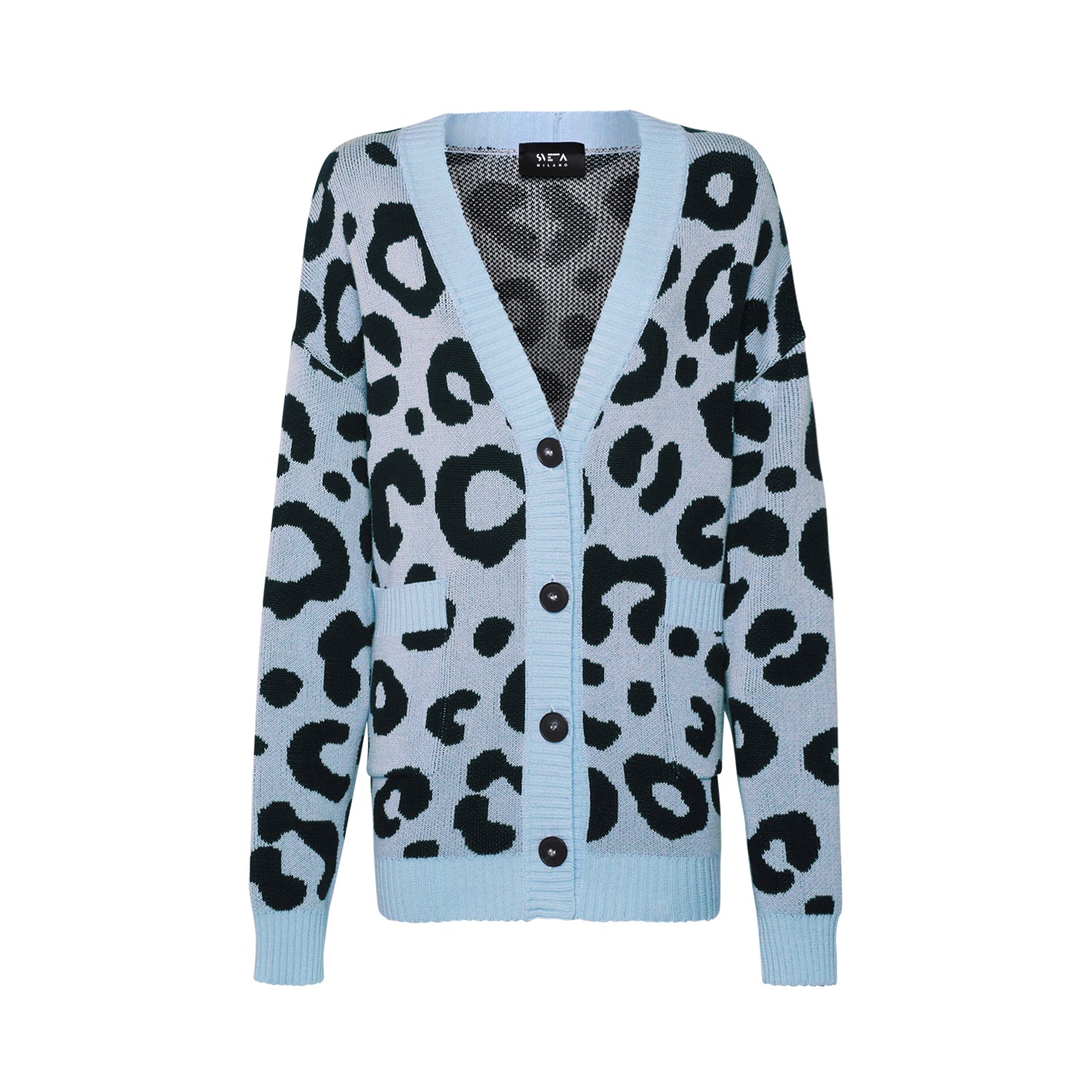 Women’s Georgia Light Blue/Black Leopard-Jacquard Long Cardigan One Size Sveta Milano