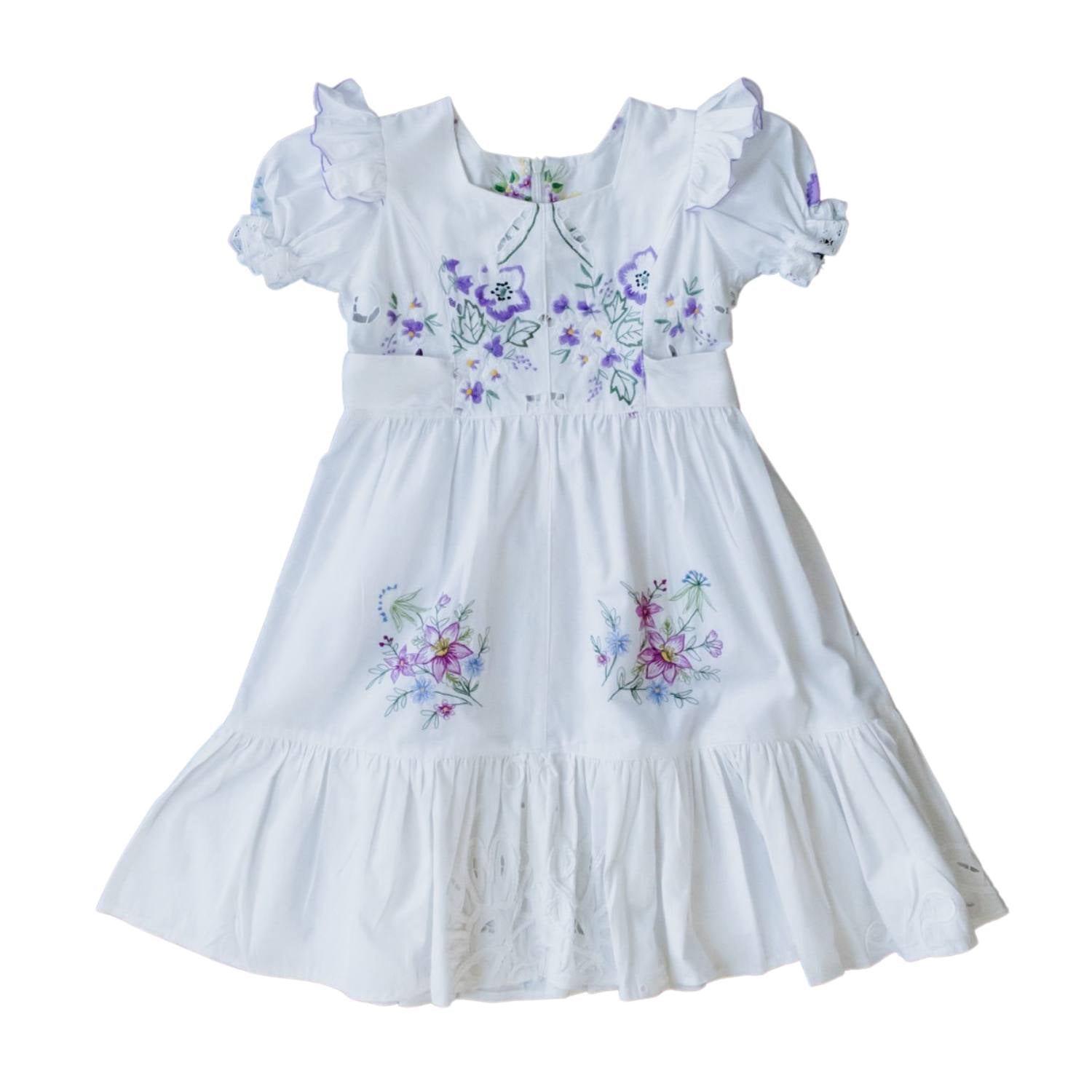 Women’s White Upcycled Girl’s Floral Embroidered Dress With Puff Ruffle Sleeves S/M Sugar Cream Vintage