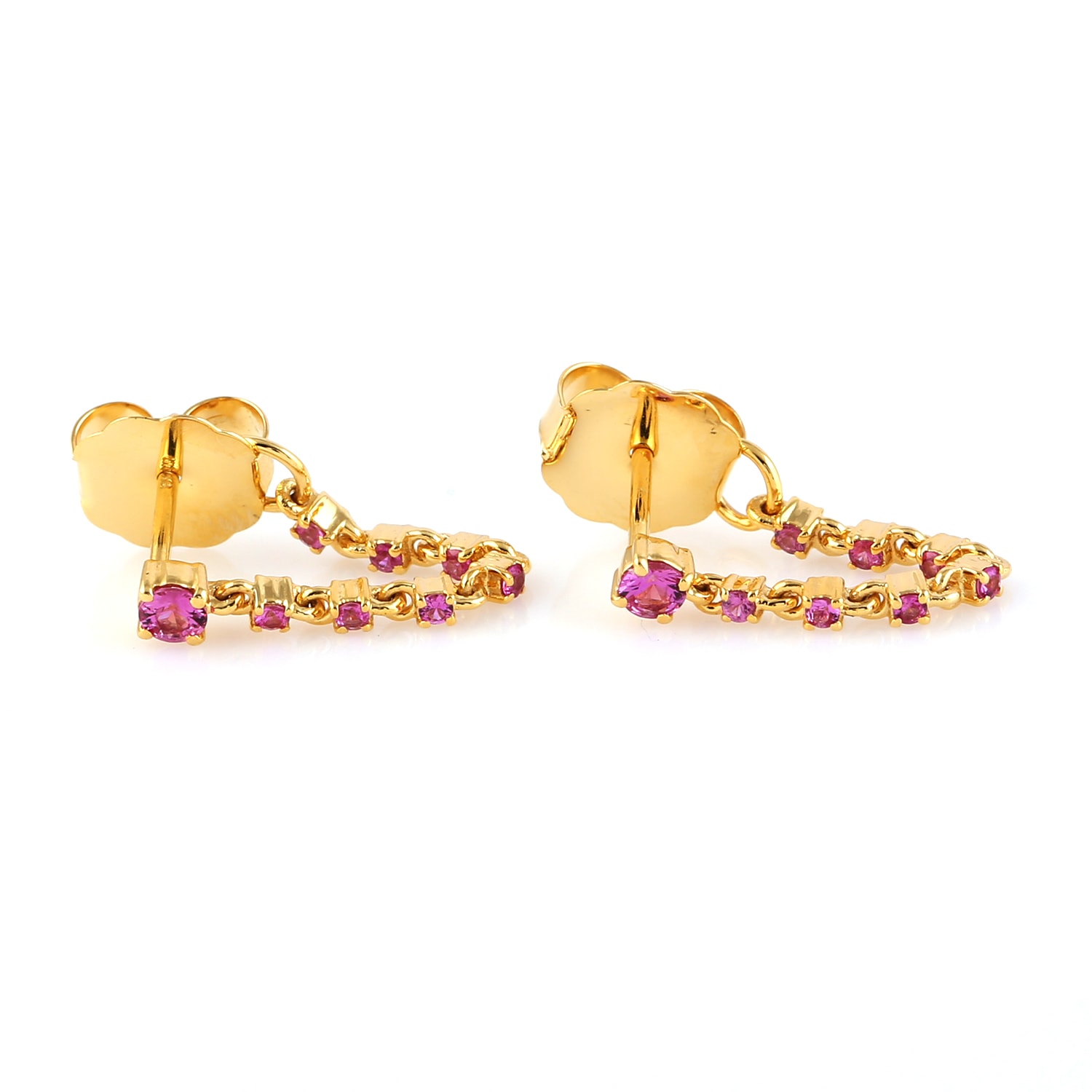 Women’s Gold / Pink / Purple Pink Sapphire Gemstone & 14K Yellow Gold In Chain Ear Thread Stud Earrings Artisan