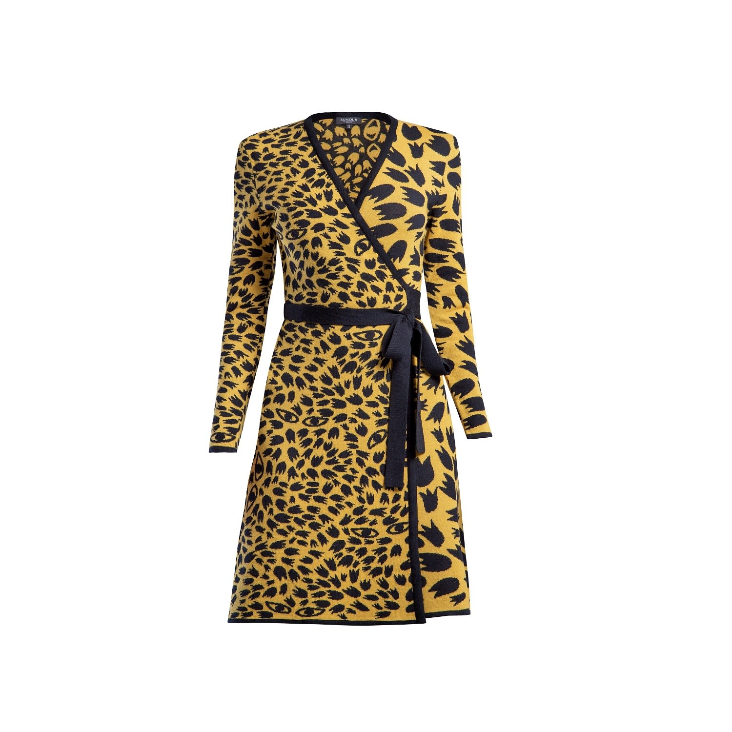 Women’s Yellow / Orange / Black Savannah Jacquard-Knit Wrap Dress With Animal Pattern In Yellow Large Rumour London