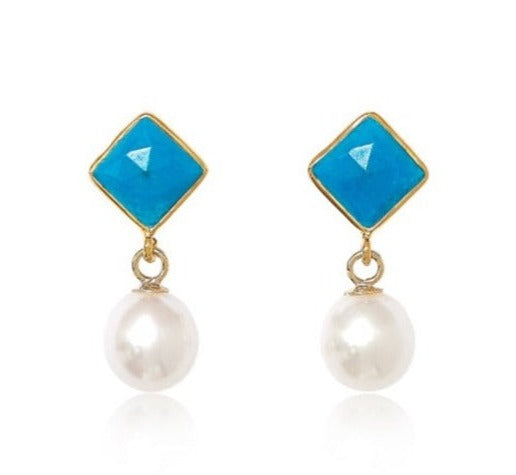 Women’s Blue / White Nova Diamond-Shaped Turquoise & Cultured Freshwater Pearl Drop Earrings Pearls of the Orient Online