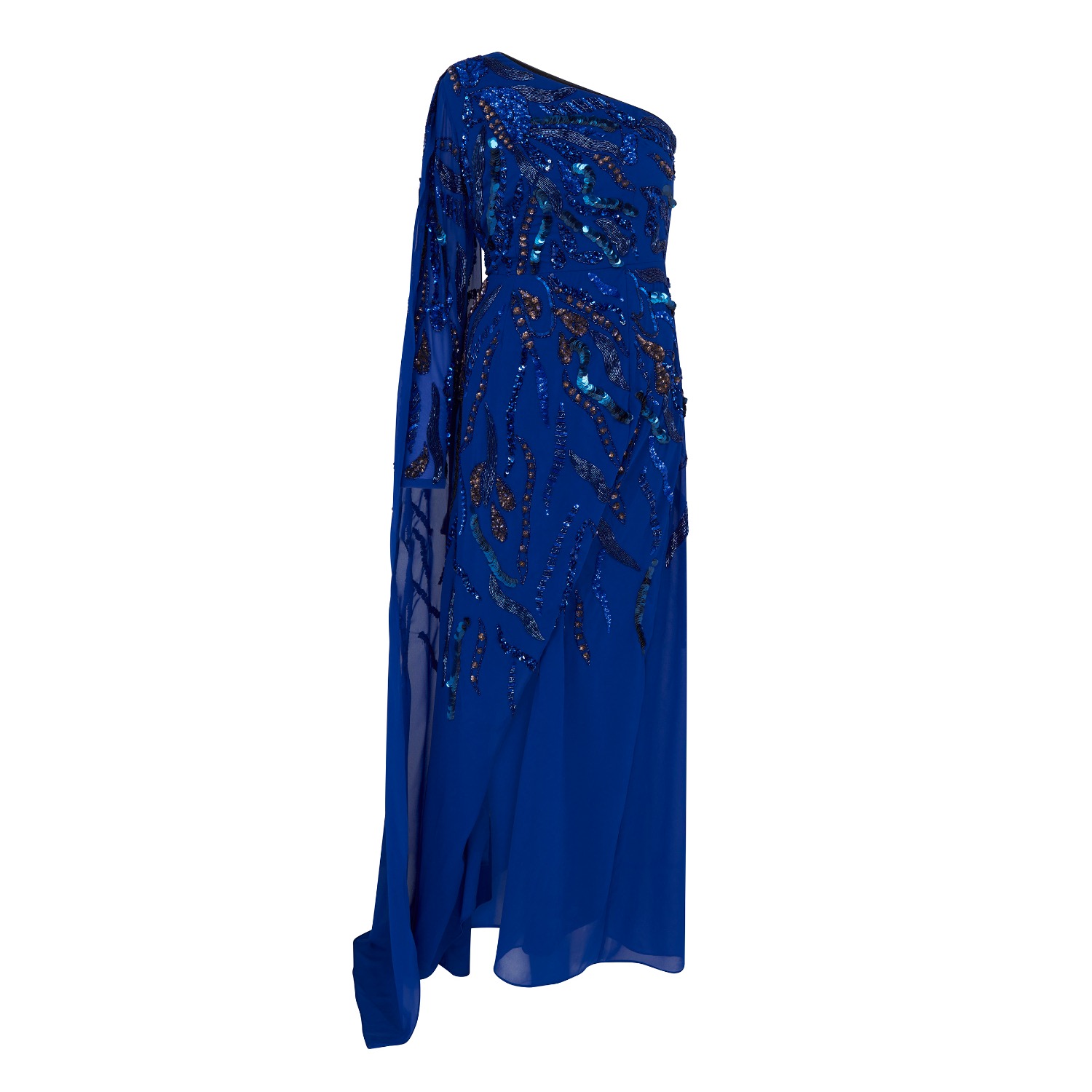 Women’s Astrid A One Shoulder With A Dramatic To-The-Floor Draped Georgette Train, Falling From The Shoulder Blue Gown Extra Small Raishma