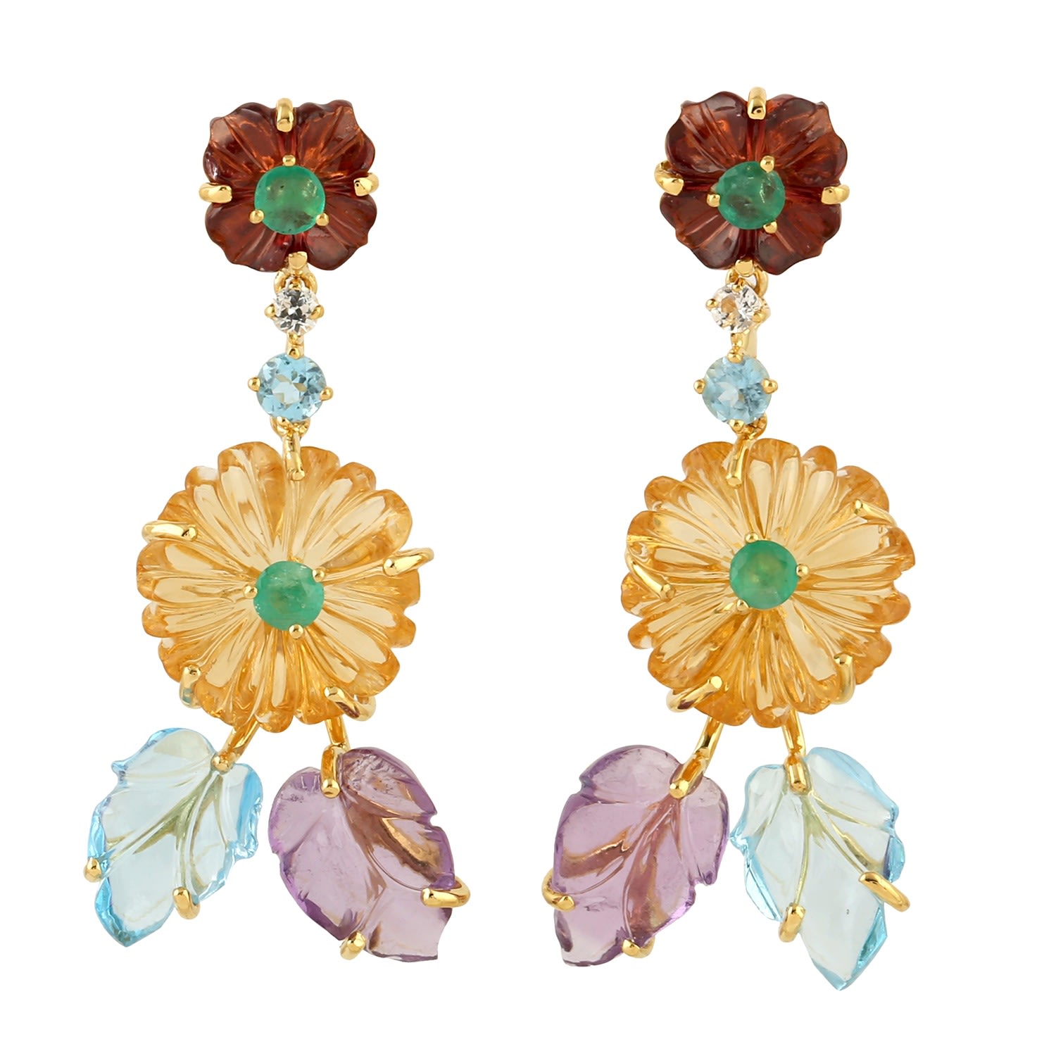 Women’s Flower Carving Designer Dangle Earrings Multi Stone Yellow Gold Jewelry Artisan