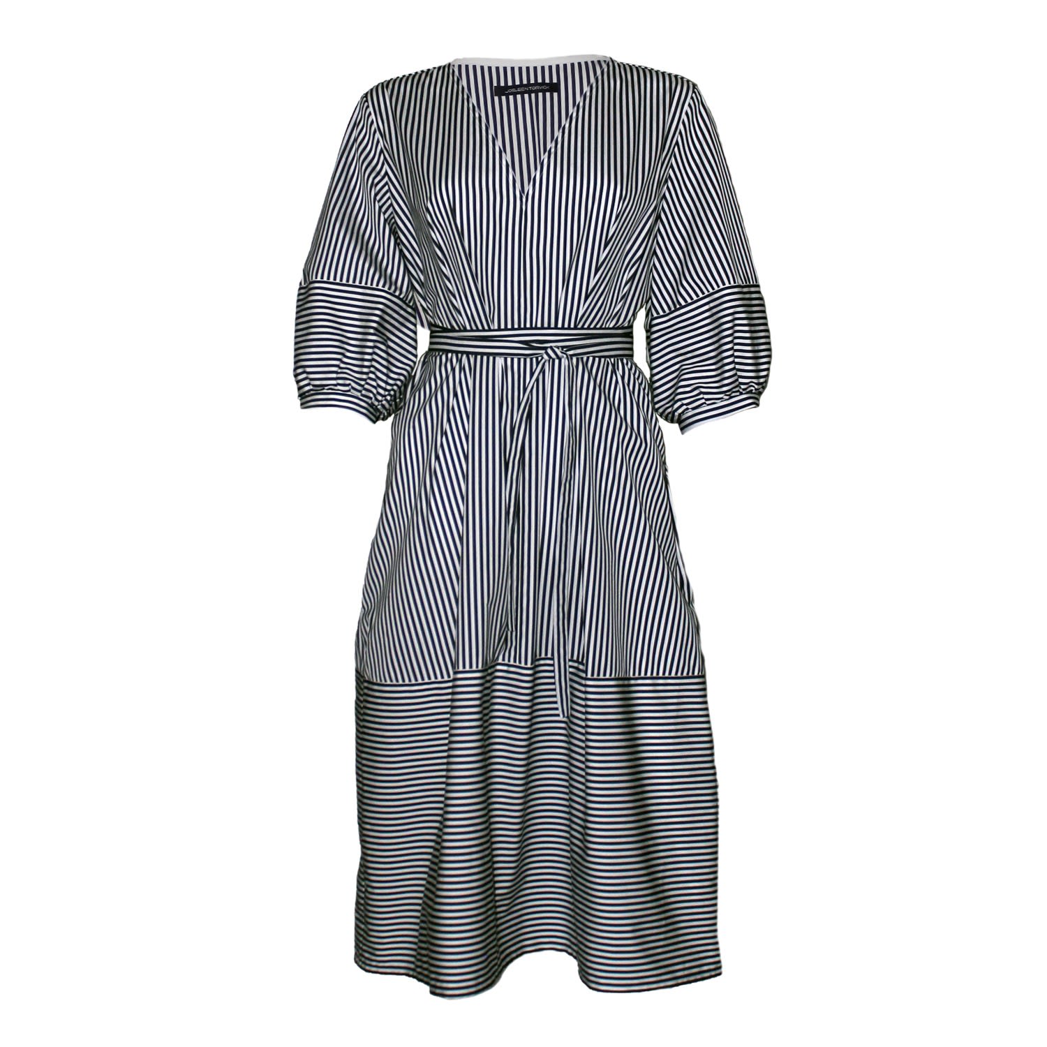 Women’s Neutrals Striped Puff Sleeve Belted Midi Dress S/M Joeleen Torvick