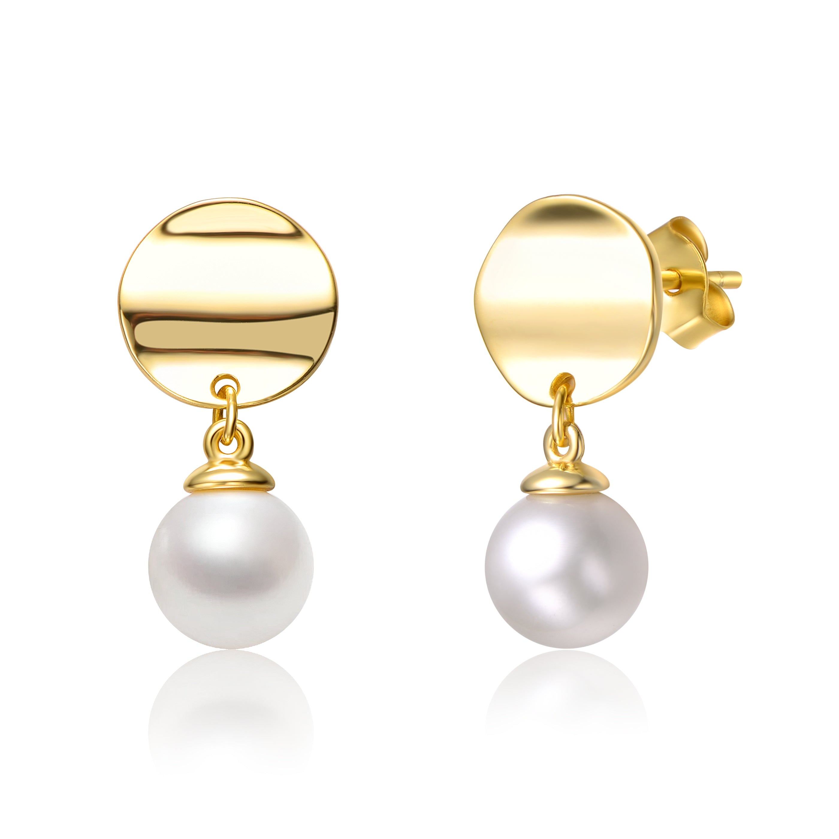 Women’s Gold / White Sterling Silver Yellow Gold Plated With White Pearl & Gold Medallion Coin Double Drop Dangle Earrings Genevive Jewelry