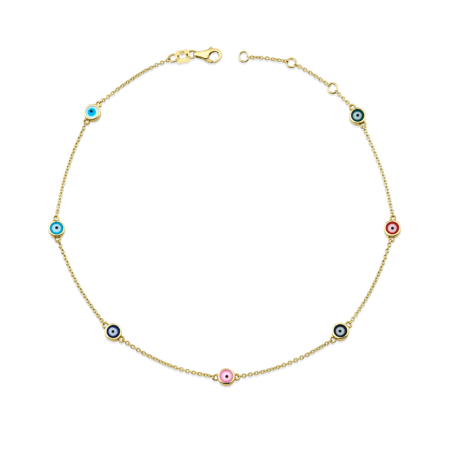 Women’s Evil Eye Ankle Bracelet, Multicolor Seven Evil Eye Anklet, Solid Gold Anklet Jewelsty Fine Jewelry