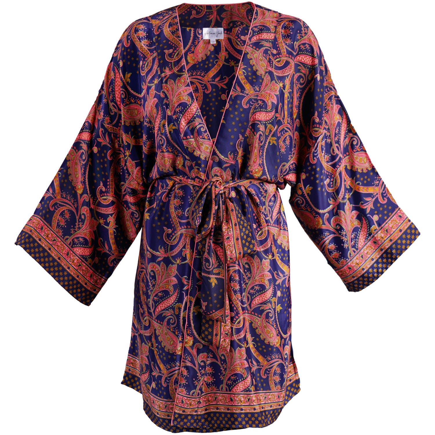 Women’s Pink / Purple Emily Lightweight Silky Paisley Kimono - Pink & Navy S/M Antonia York