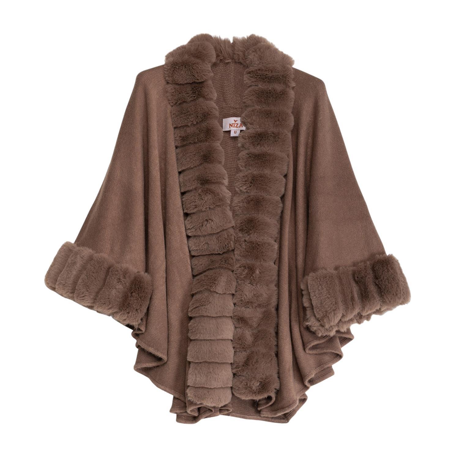 Women’s Brown Poncho With Cape And Fur One Size Niza