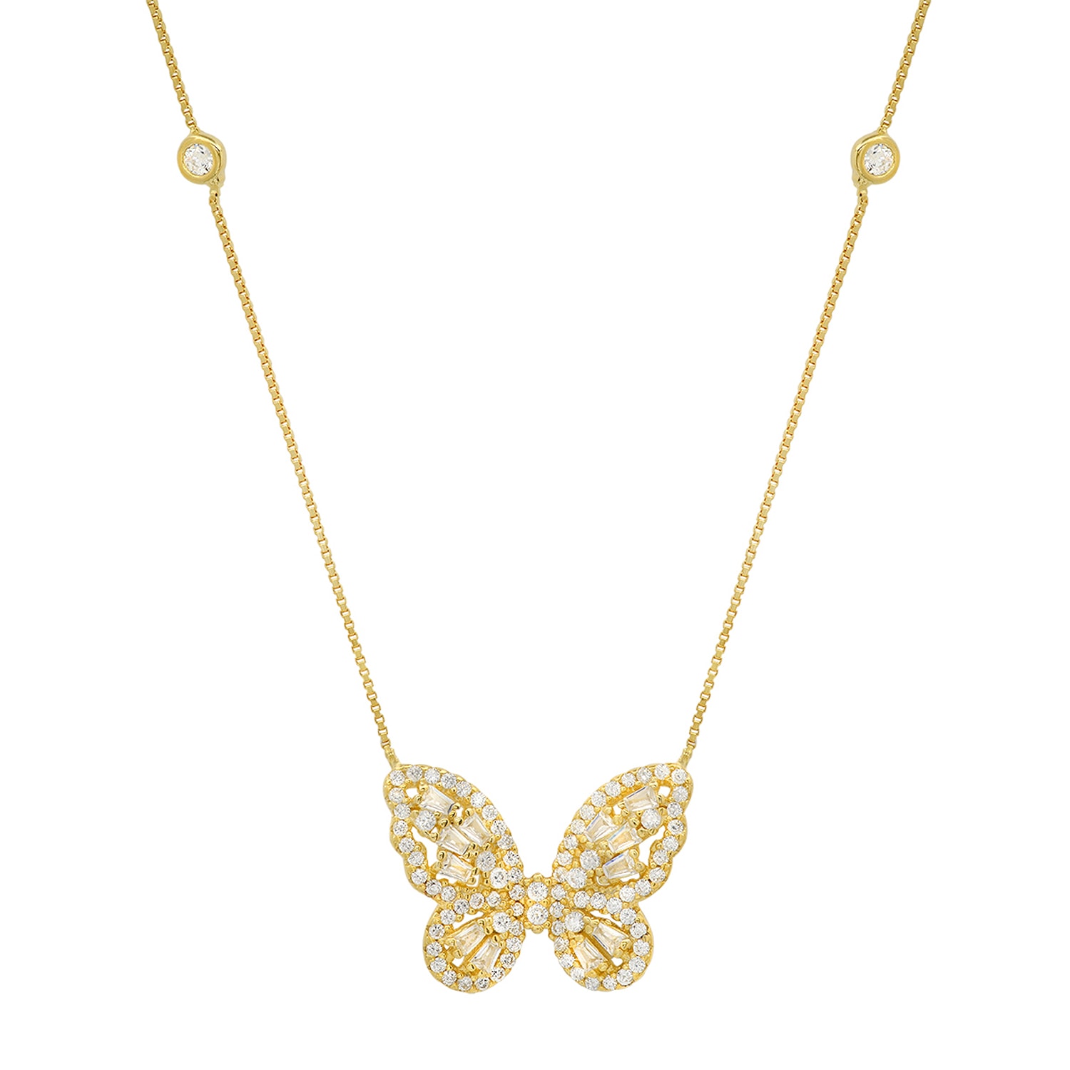 Women’s Gold Diamond Cz Baguette Butterfly Station Necklace Kylie Harper