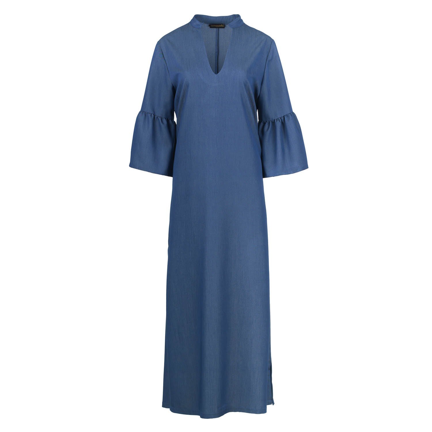 Women’s Blue Denim Style Kaftan With Ruffle Detail In Viscose Satin Fabric Small Conquista