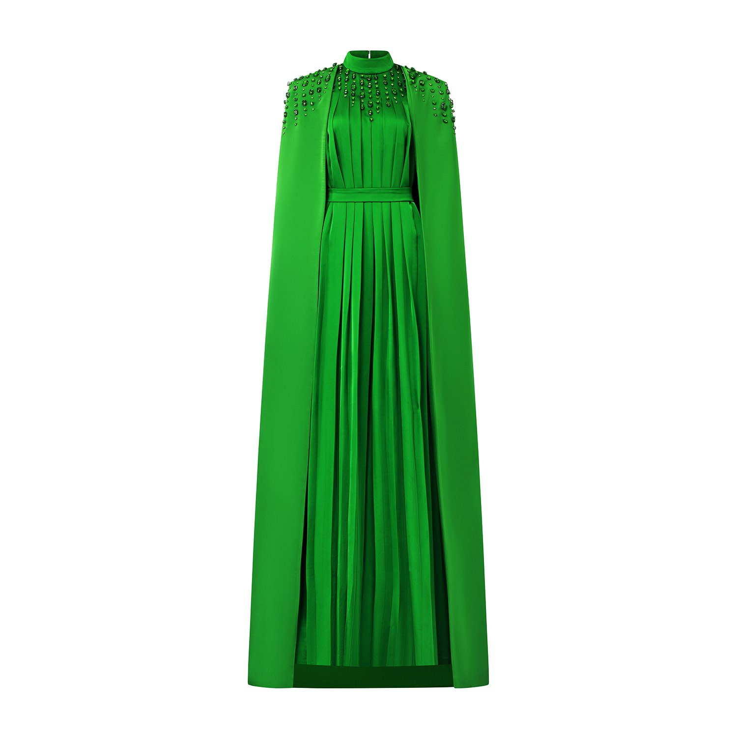 Women’s Green Emerald Long Pleated Trapeze Dress With Shoulder Cape Small I. h.f Atelier