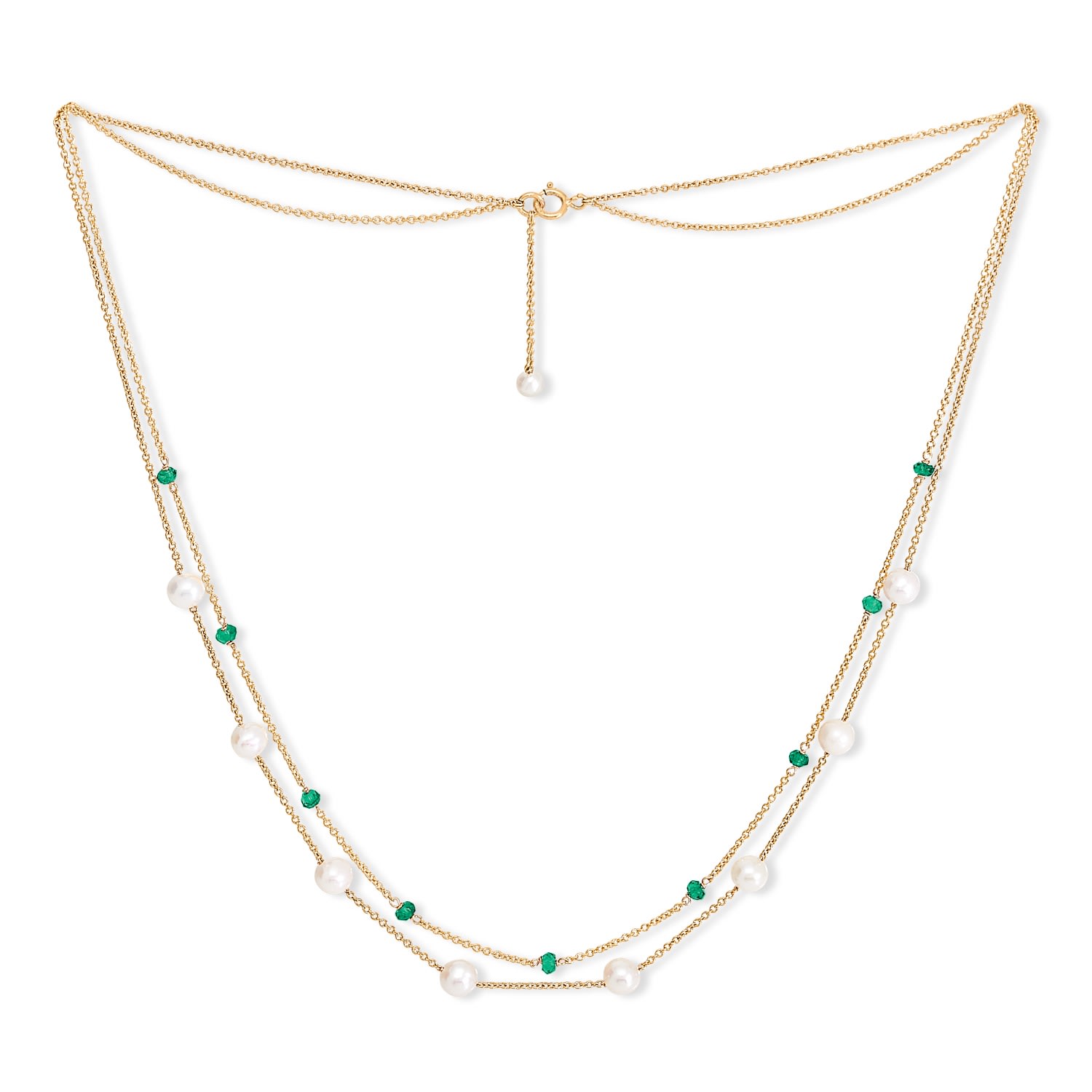 Women’s Green / Gold Credo Fine Double Chain Necklace With Cultured Freshwater Pearls & Emeralds Pearls of the Orient Online