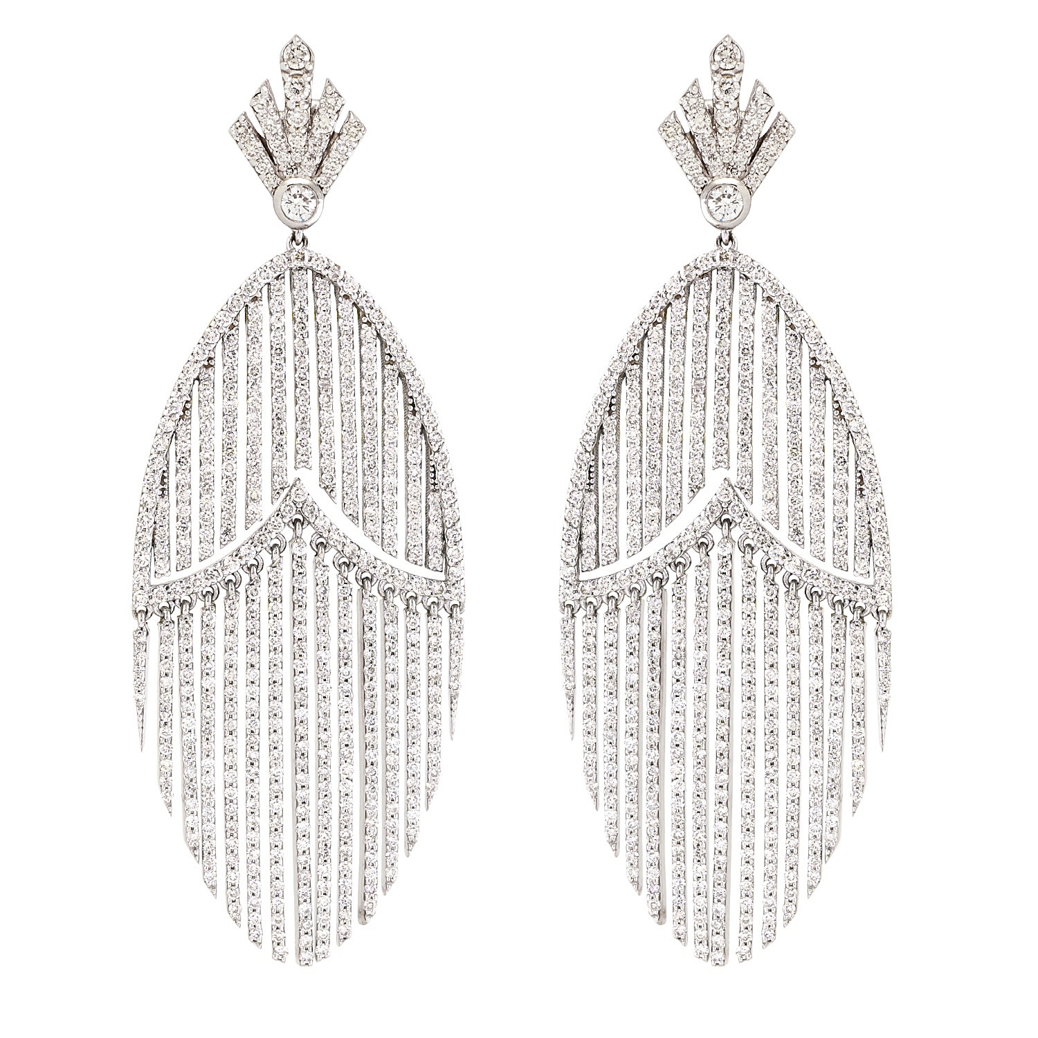 Women’s 18K White Gold & Studded Natural Diamond Crystal Long Leafy Dangle Earrings Artisan