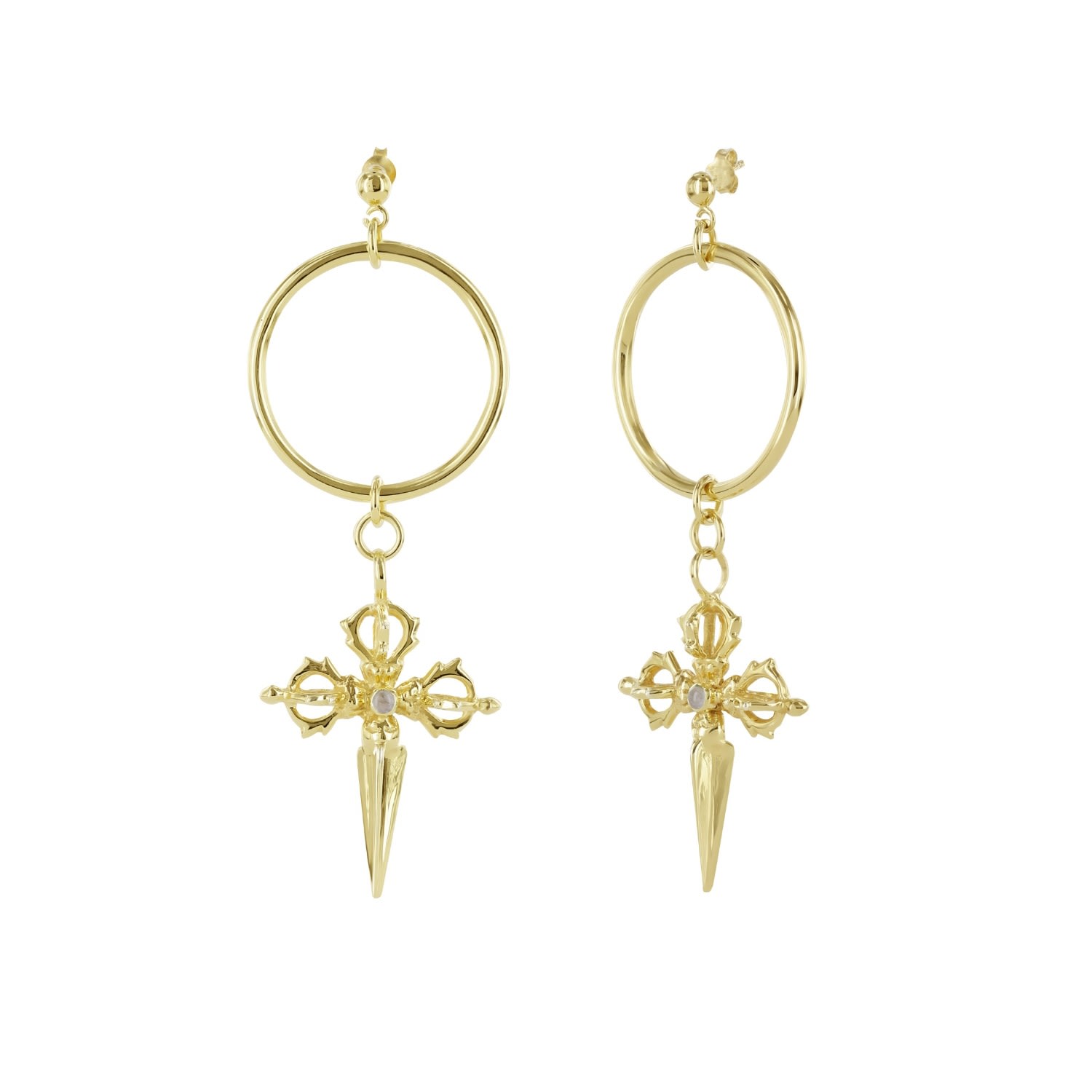 Women’s Moonstone Tibetan Cross Hoops Gold Vermeil Wolf and Zephyr