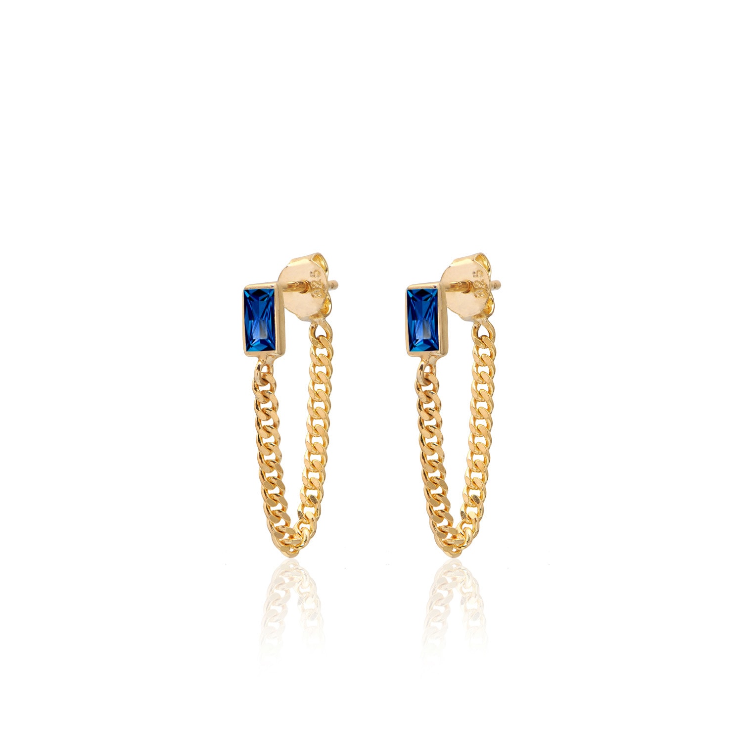 Women’s Gold / Blue Cadea Silver Chain Earrings With Baguette Cut Blue Cubic Zirconia Pia & Co.