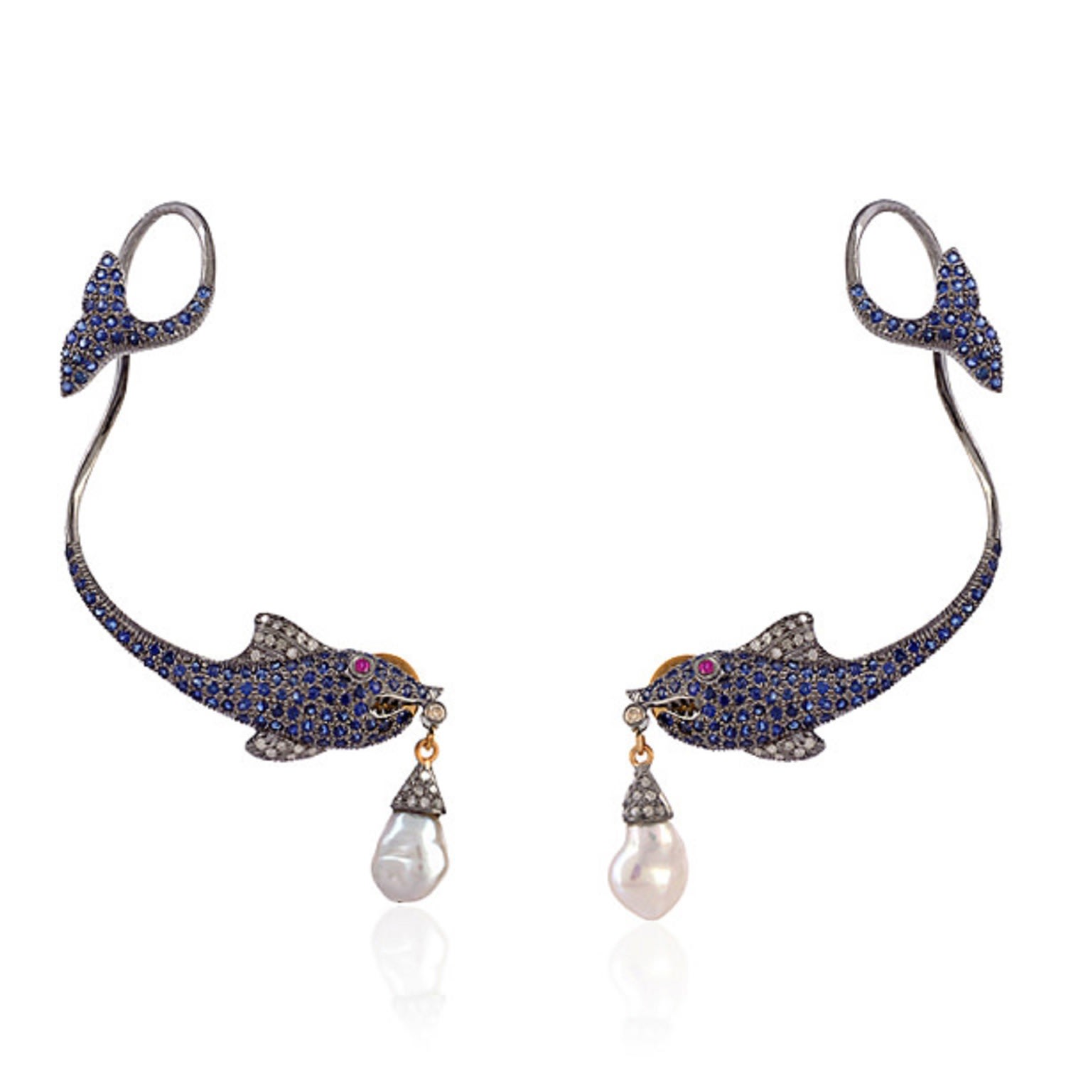 Women’s Gold / Blue Blue Sapphire & Pearl With Ruby Pave Diamond In Silver 18K Gold Fish Style Cuff Earrings Artisan