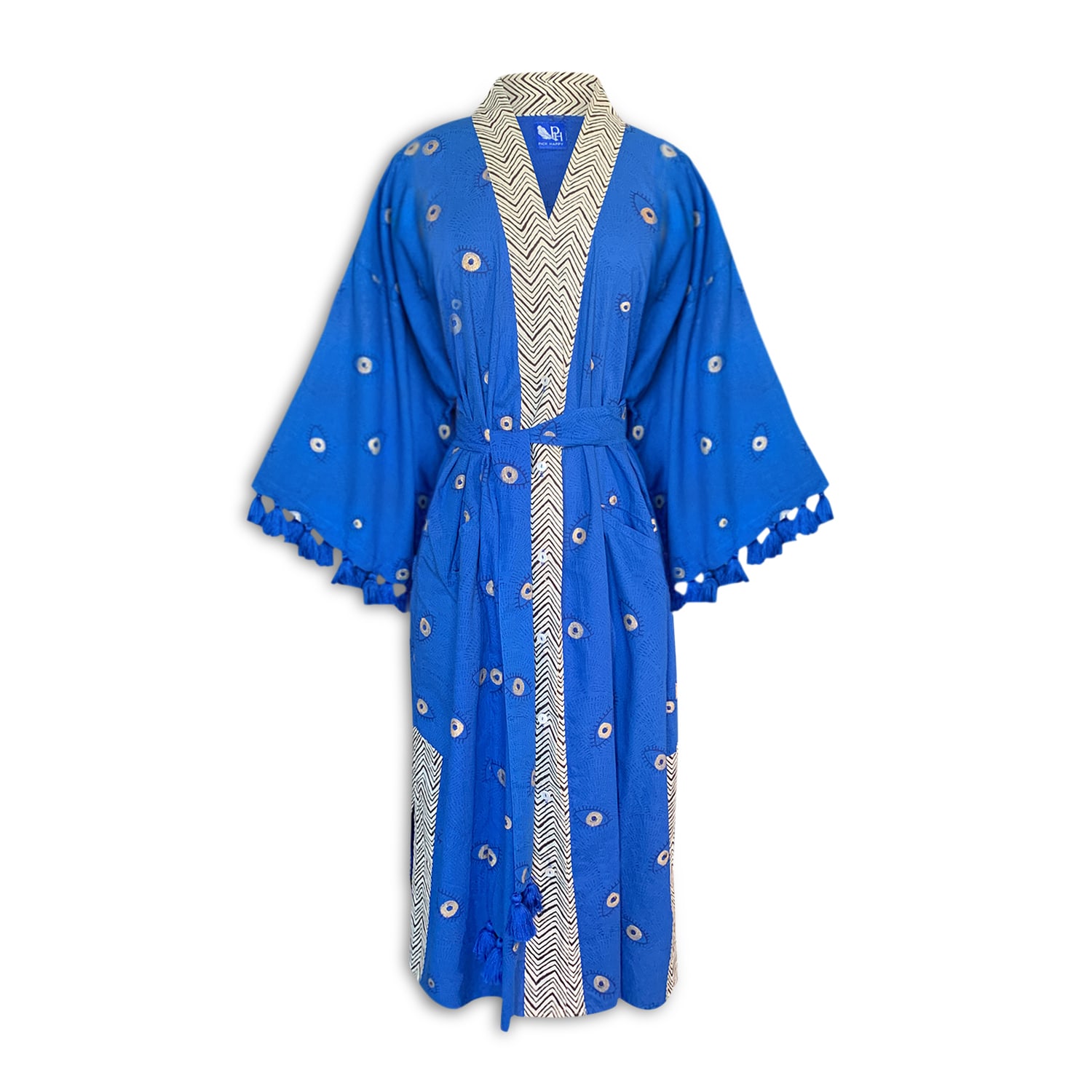 Women’s Handblock Cotton Kimono With Tassels Evil Eye Print Moroccan Blue One Size Pick Happy