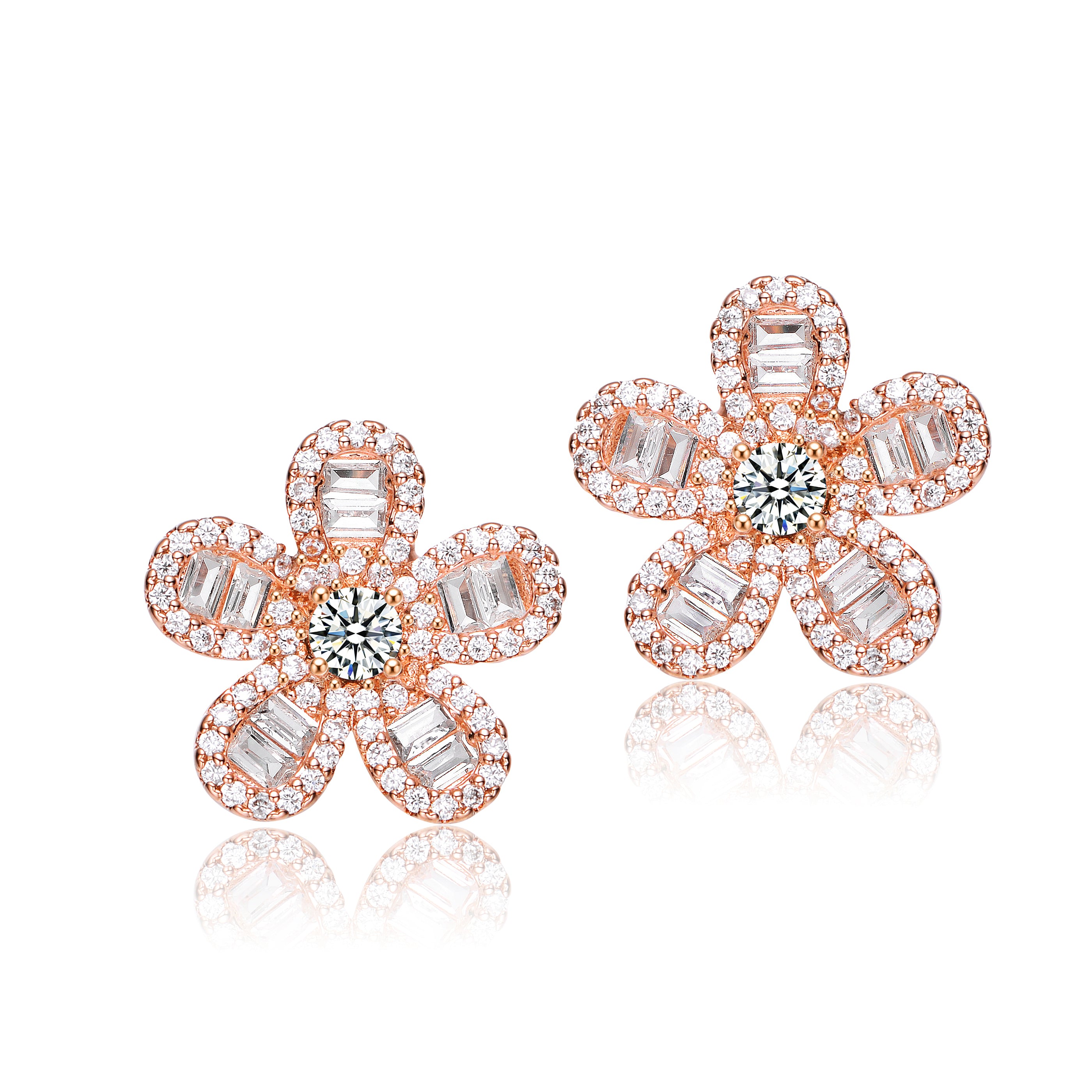 Women’s White / Rose Gold Sterling Silver Rose Plated Clear Cubic Zirconia Flower Stud Earrings Genevive Jewelry