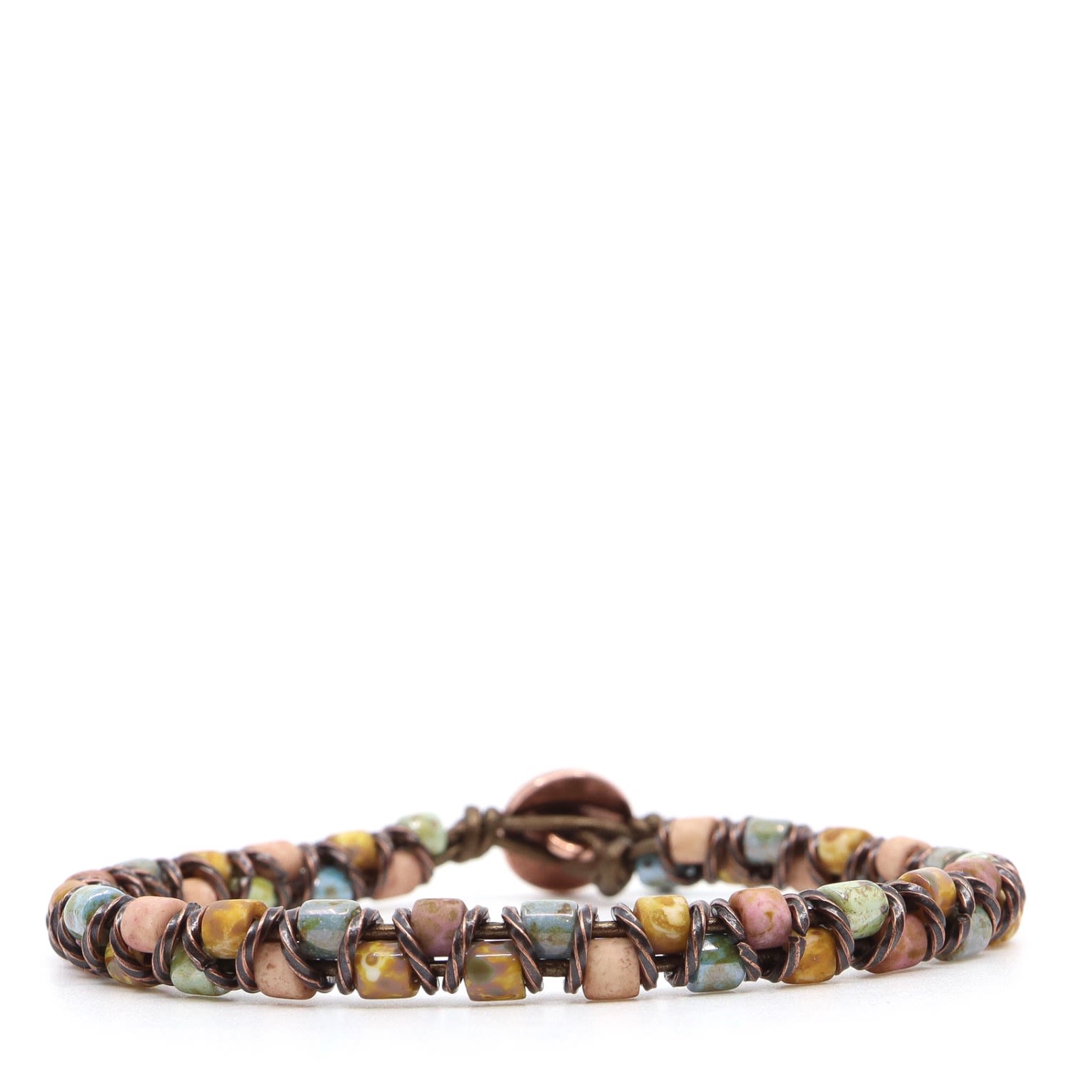 Men’s Rose Gold Peach, Teal & Yellow Picasso Czech Beads & Brown Leather Beaded Bracelet Shar Oke