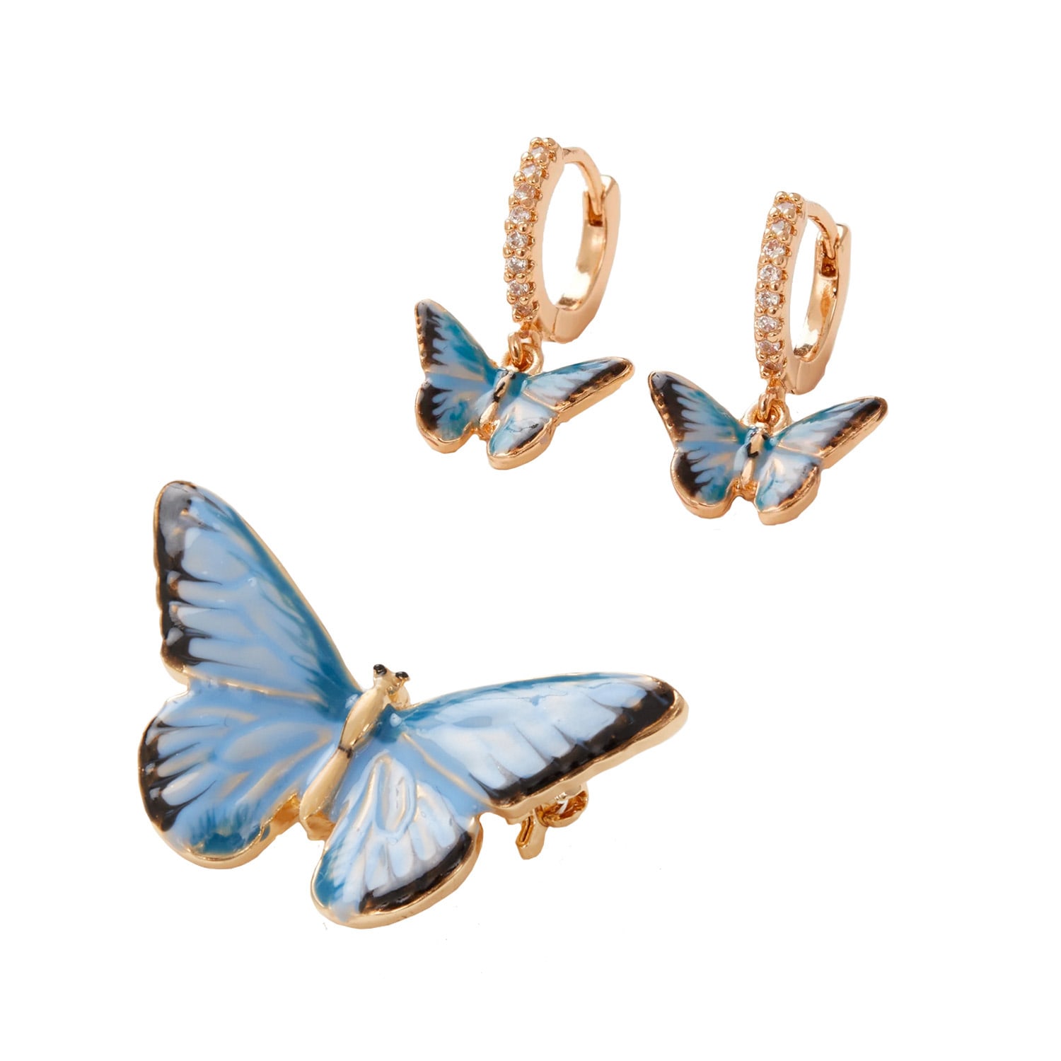 Women’s Fable Enamel Blue Butterfly Huggie Earrings, Enamel Blue Butterfly Brooch Fable England