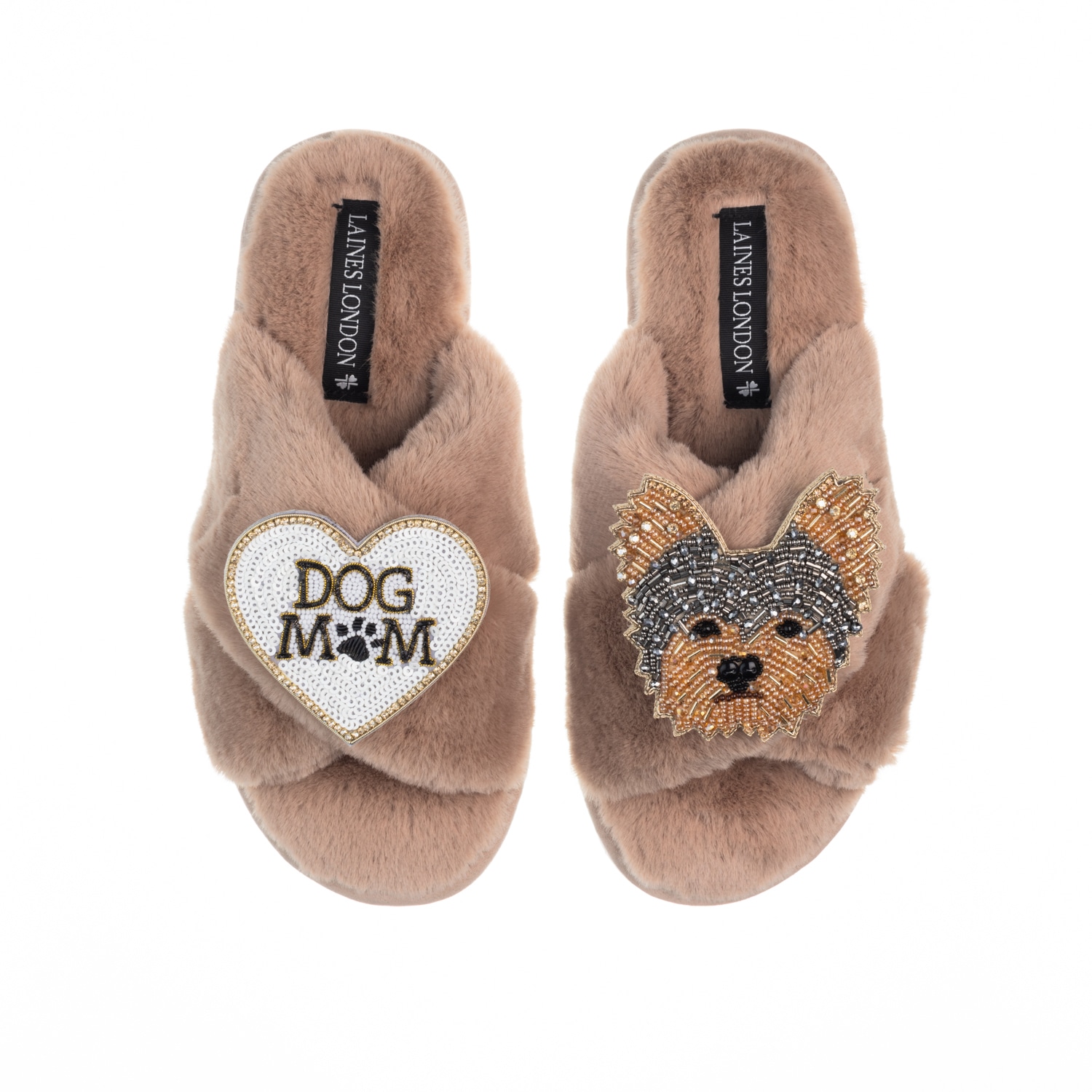 Women’s Brown Classic Laines Slippers With Minnie Yorkie & Dog Mum / Mom Brooches - Toffee Large Laines London