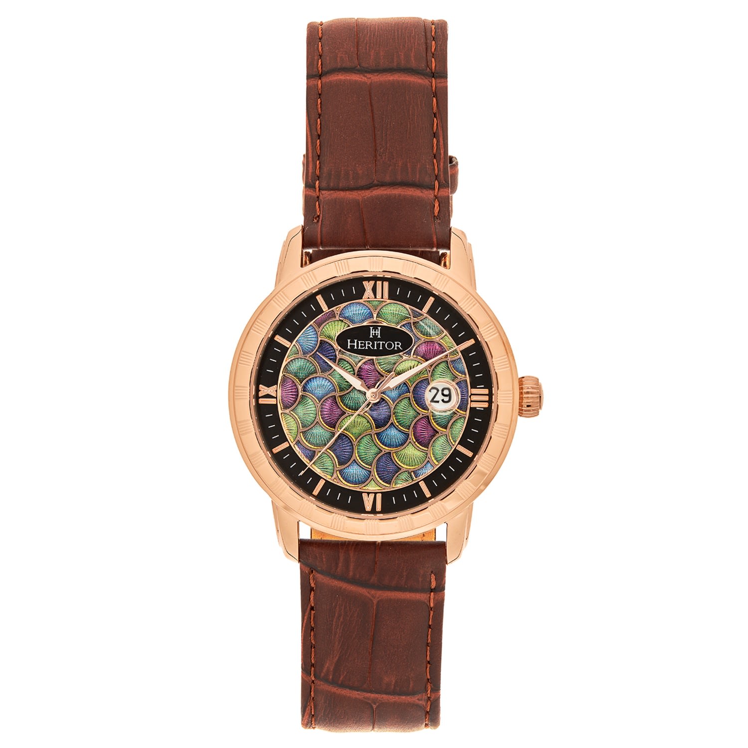 Men’s Brown / Rose Gold Protégé Leather-Band Watch With Date - Brown, Rose Gold Heritor Automatic