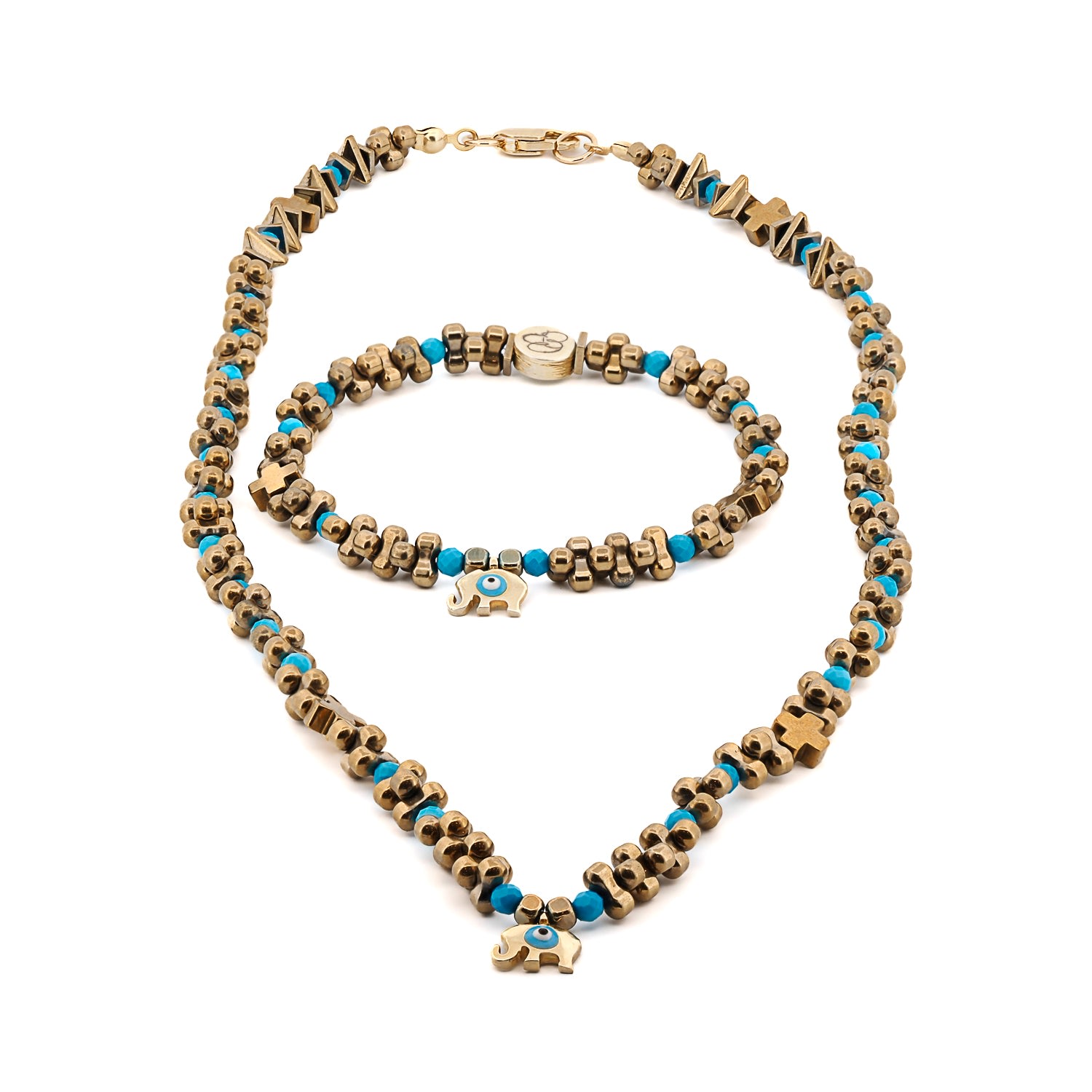 Women’s Gold / Blue Minimalist Elephant Pendant Gold Hematite Stone Necklace & Bracelet Set - Gold Ebru Jewelry
