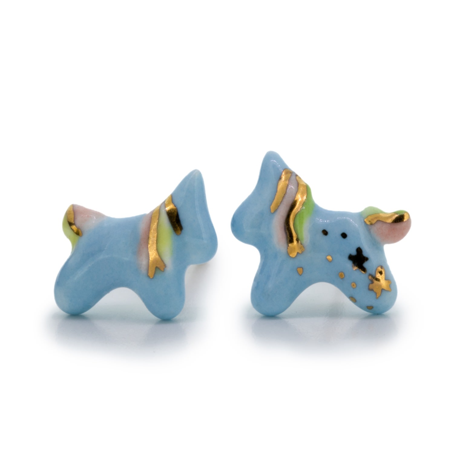 Women’s Gold / Blue Mismatch Unicorn Stud Earrings - Sky Blue & Gold Stars Cj·314