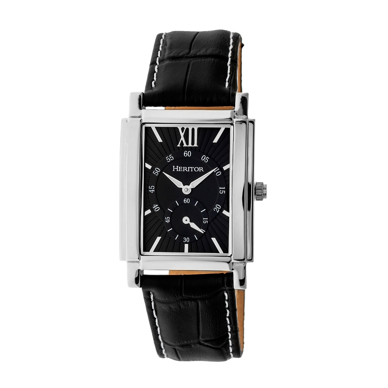 Men’s Silver / Black Frederick Leather-Band Watch With Seconds Sub-Dial - Black, Silver One Size Heritor Automatic