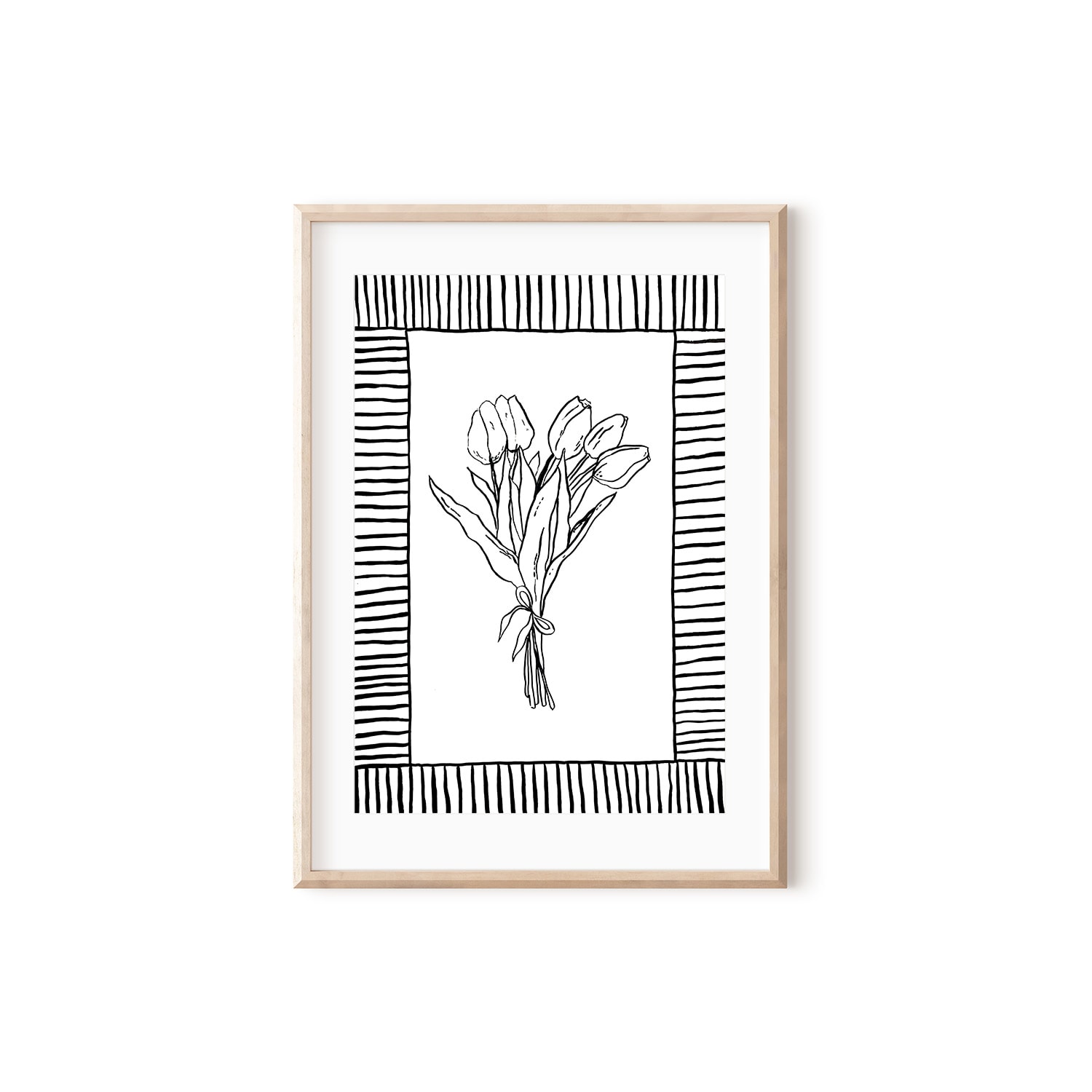 Black / White Spring Tulips With Stripe Border Edge Ink Drawing Print A3 297 X 420Mm Emily M Art & Design