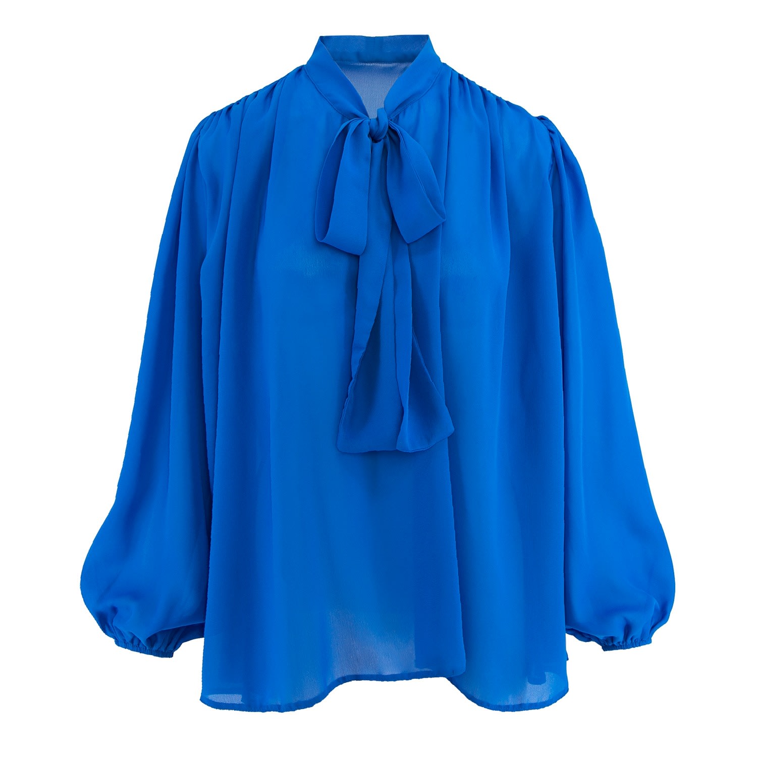 Women’s Electric Blue Chiffon Blouse With Draped Shoulders & Bow Ribbon Extra Small Bluzat