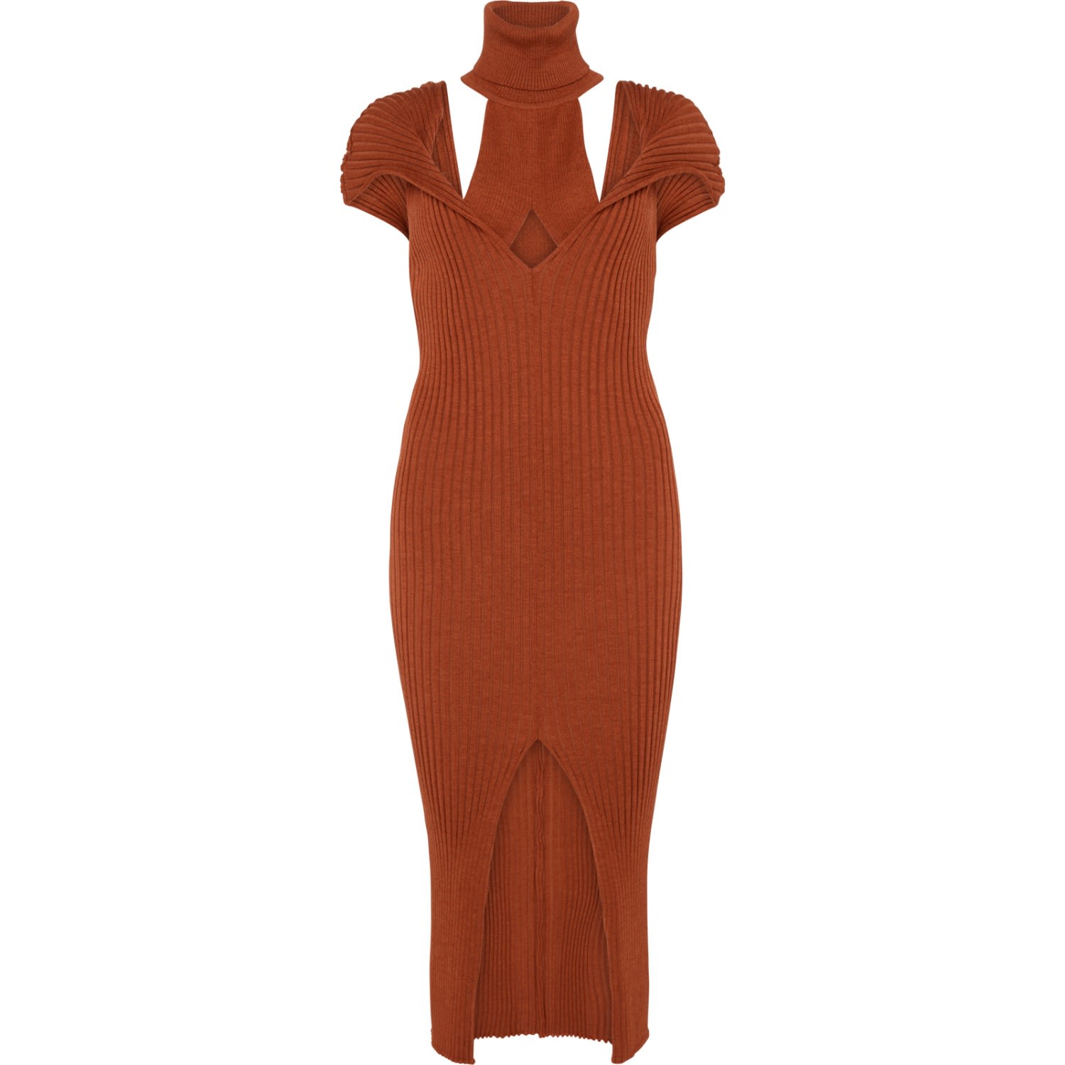 Women’s Brown Mystic Ribbed Knit Roll Neck Midi Bodycon Dress Small Les Friday