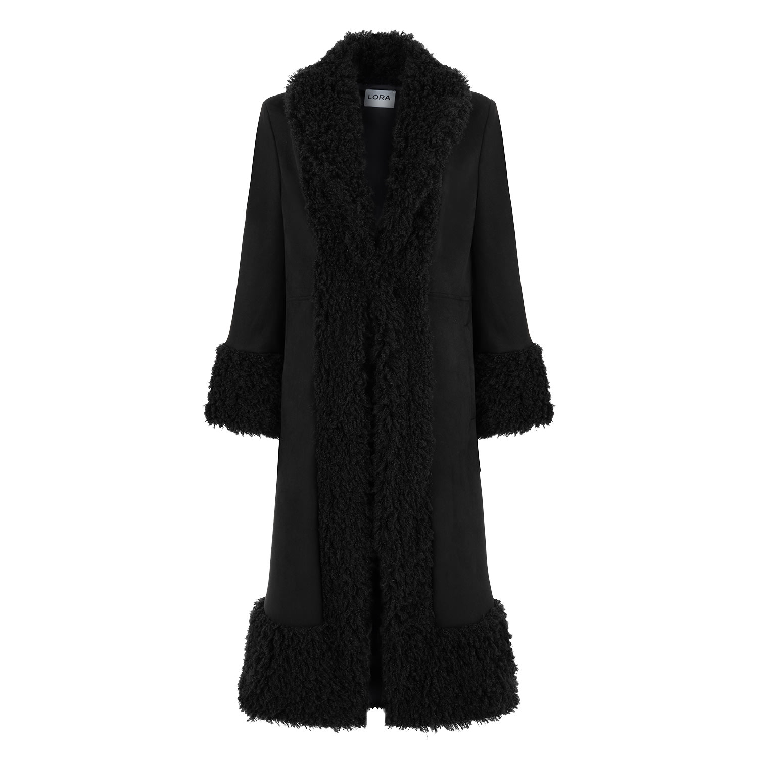 Women’s Lora Black Faux Fur Suede Long Coat L