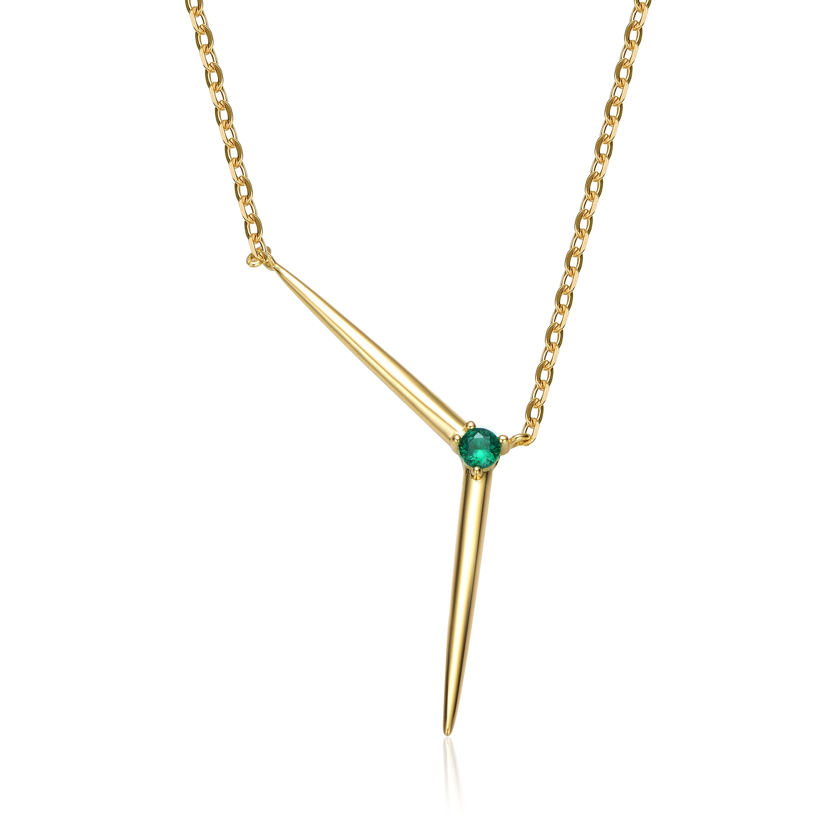 Women’s Green Yellow Gold Plated With Emerald Cubic Zirconia Solar Chevron Necklace In Sterling Silver Genevive Jewelry