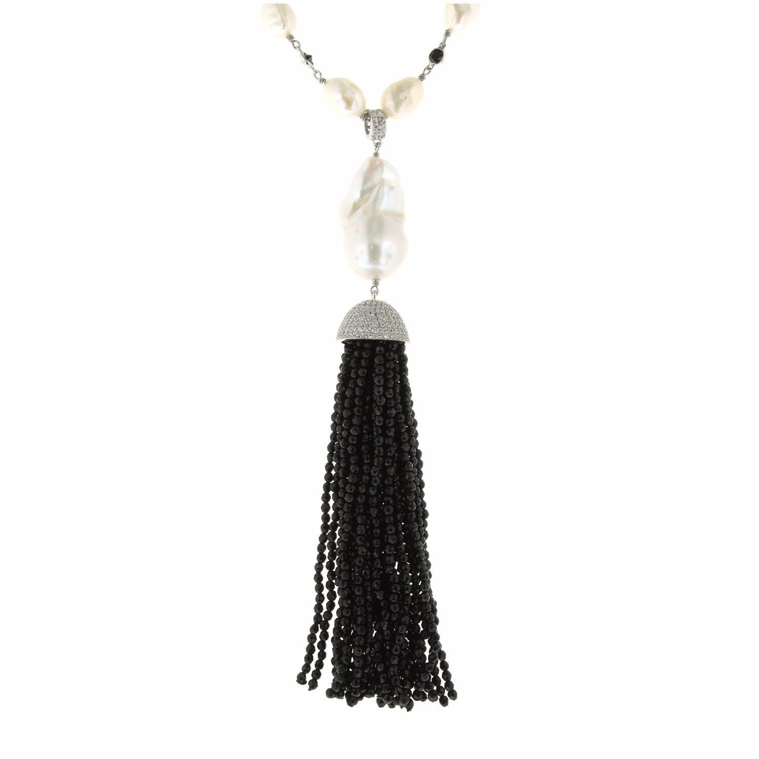 Women’s Black White Pearl & Onyx Tassel Necklace Cosanuova