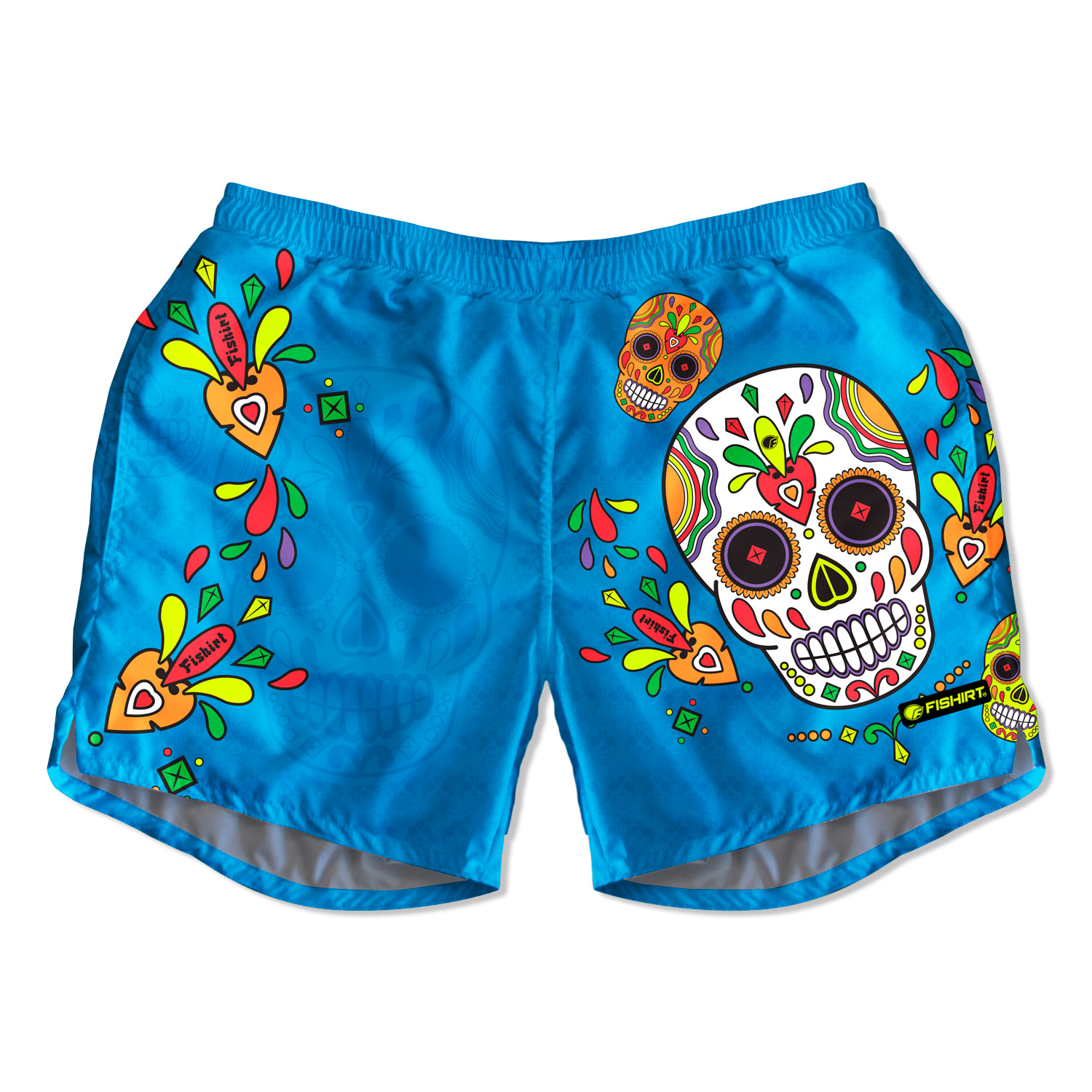 Men’s Swim Shorts Mexican Skull Graphic - Muertos Style - Blue Small Fishirt