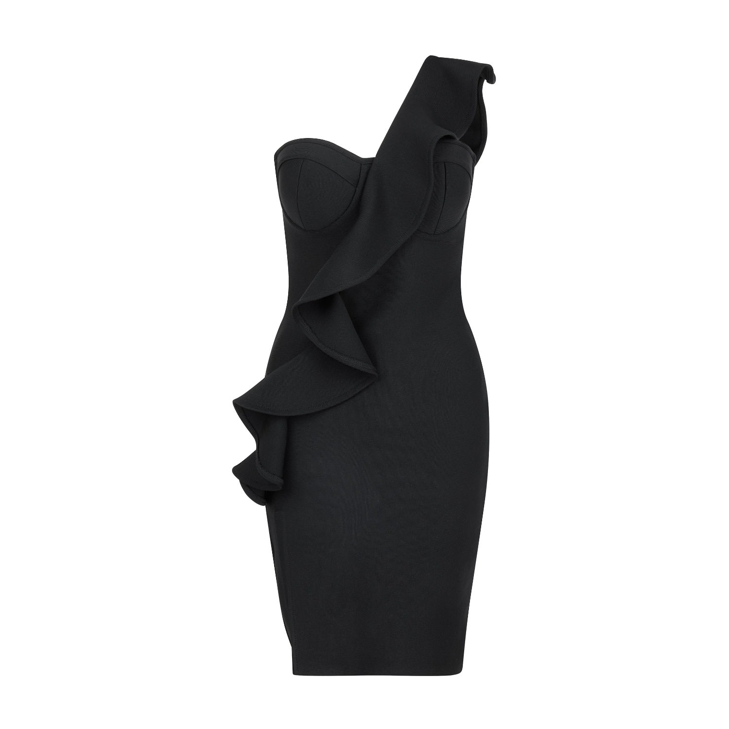 Women’s One Shoulder Ruffle Slit Hem Bandage Mini Dress In Black Small Sour Figs