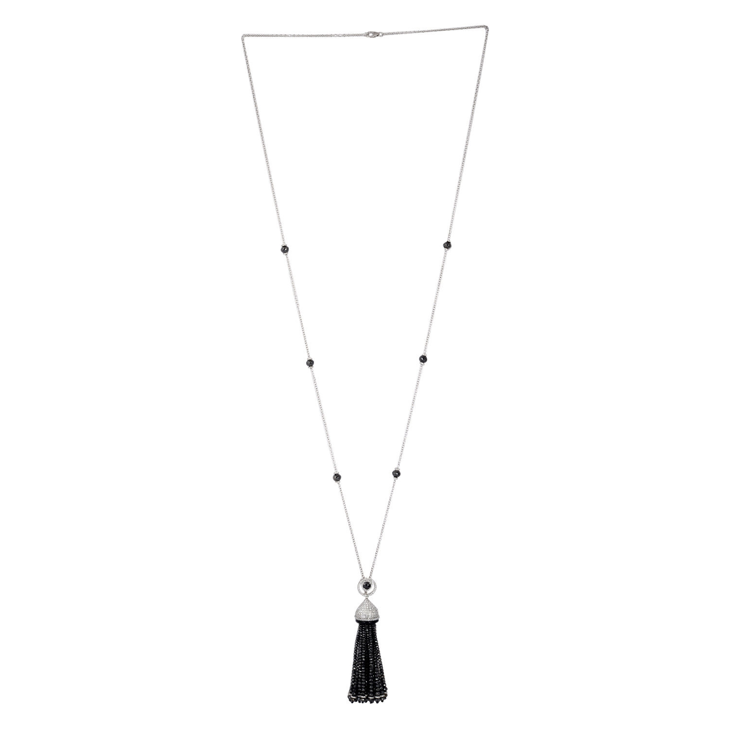 Women’s White / Black 18K White Gold With Onyx Black Diamond & Beads Tassel Pendant Chain Necklace Artisan