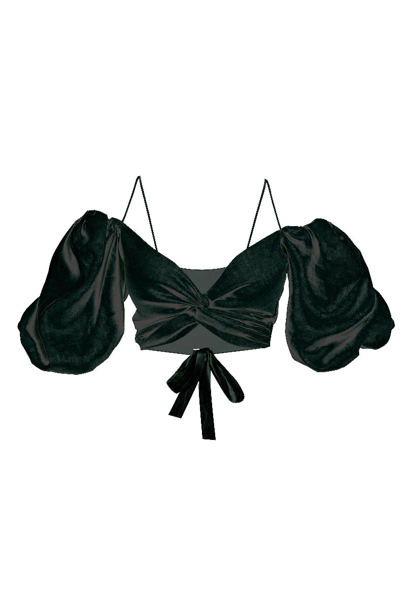 Women’s Linen Wrap Front Tie Puff Sleeve Top In Black M/L Clich Reborn