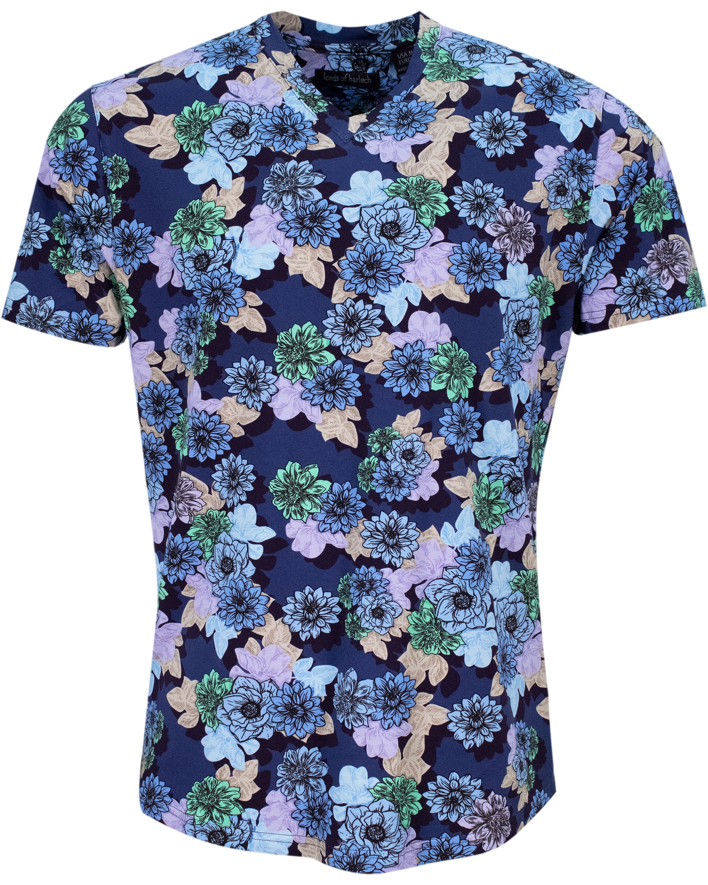 Men’s Blue Maze Snap Floral V-Neck Tee - Navy Small Lords of Harlech