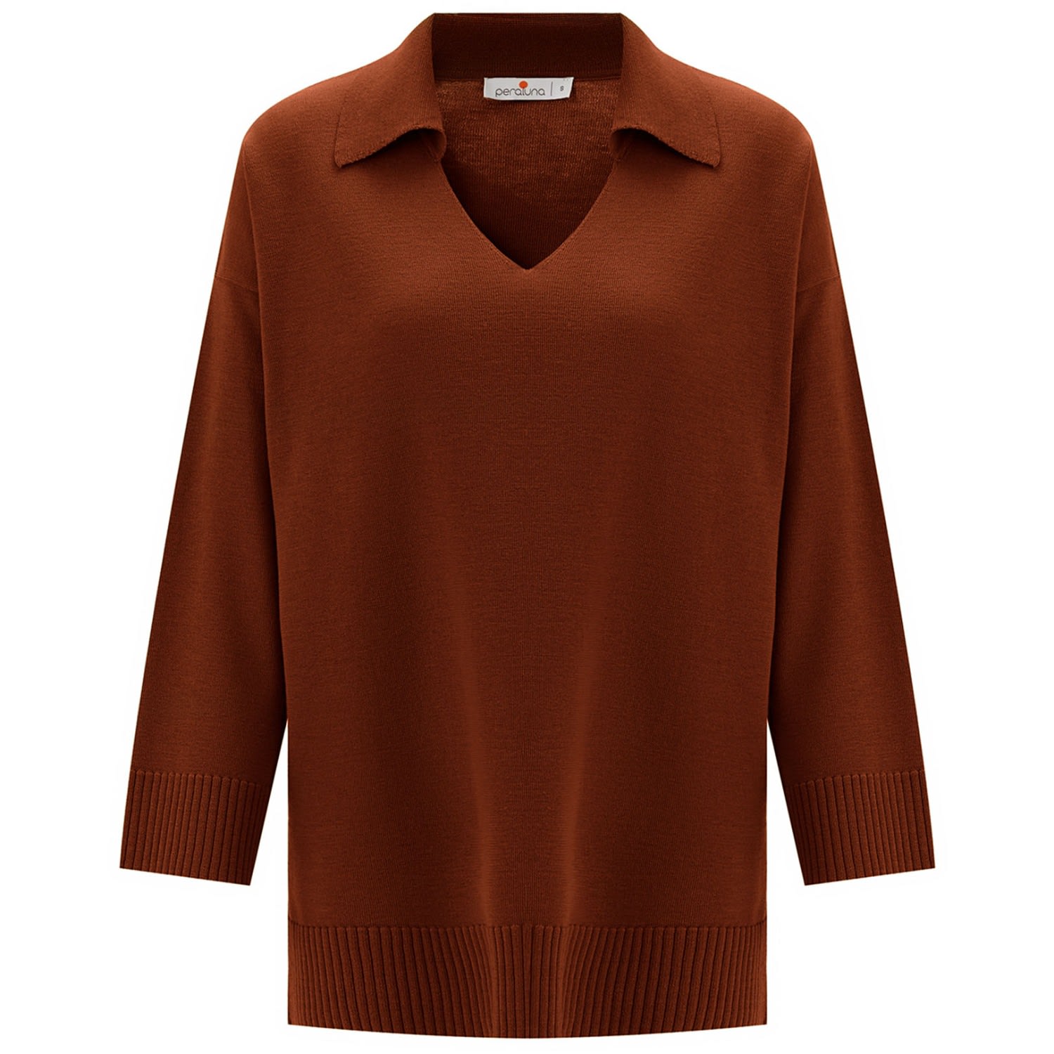 Women’s Brown Polo V Neck Wide Sleeve Loose Fit Knit Pullover - Burnt Umber Extra Large Peraluna