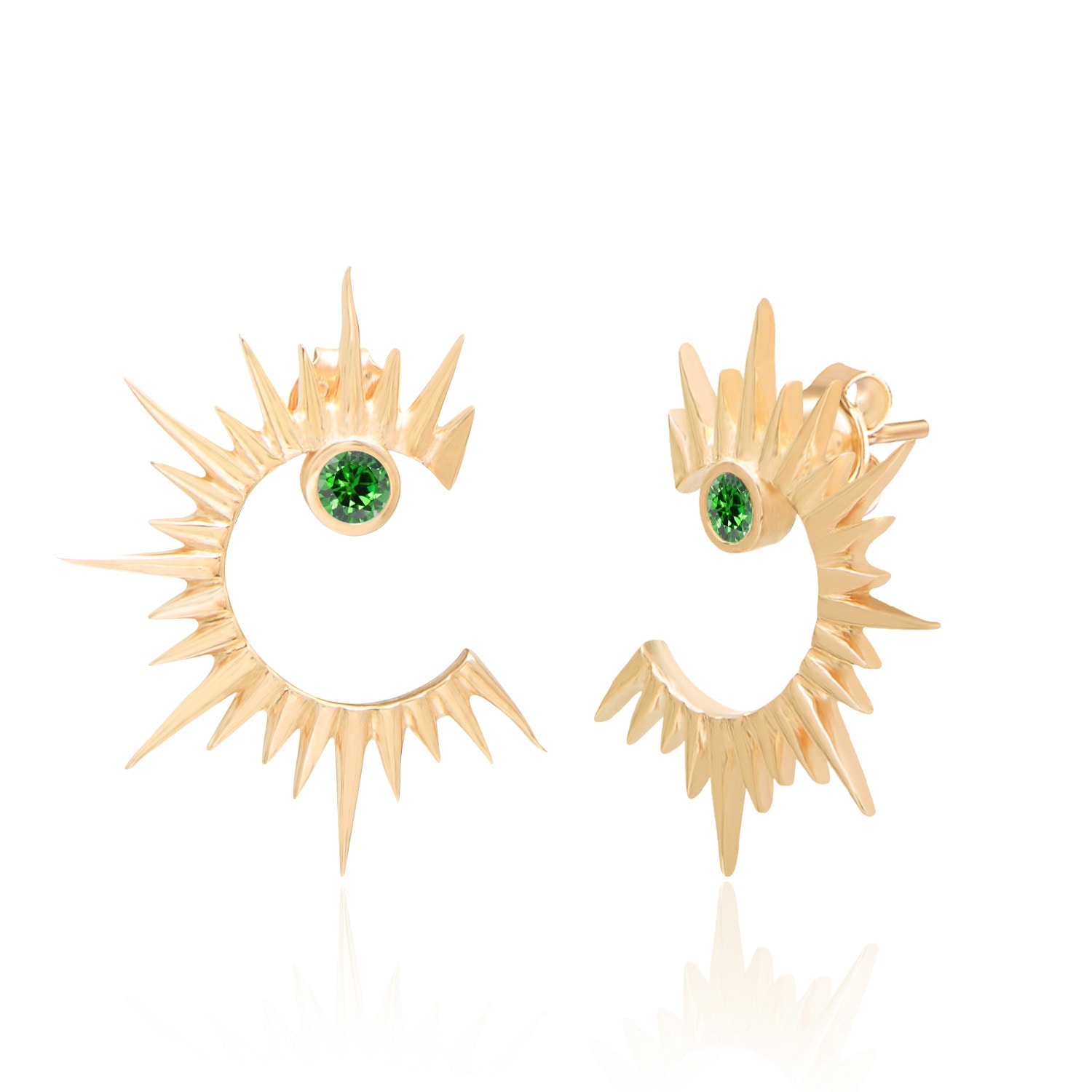 Women’s Green / Gold Solar Silver Sun Earrings With Green Cubic Zirconia Pia & Co.