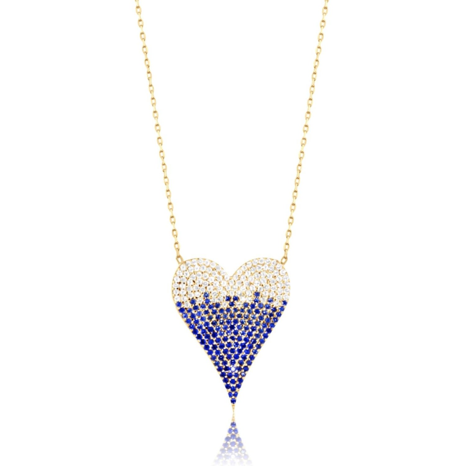 Women’s Blue / Gold Large Pave Ombr Heart Necklace - Blue Shymi